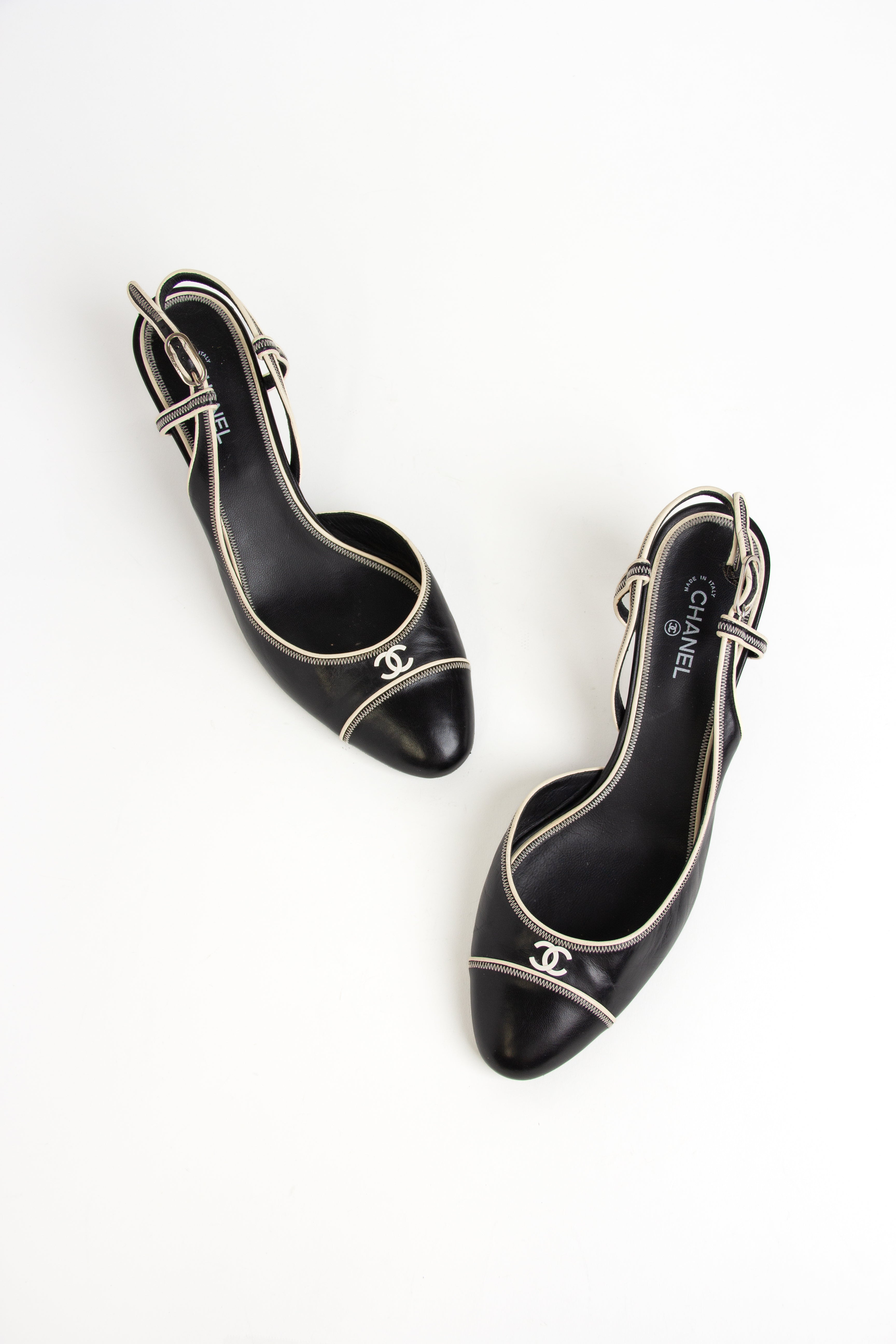 Rare Chanel Black + White CC Slingback Heels (IT 41)
