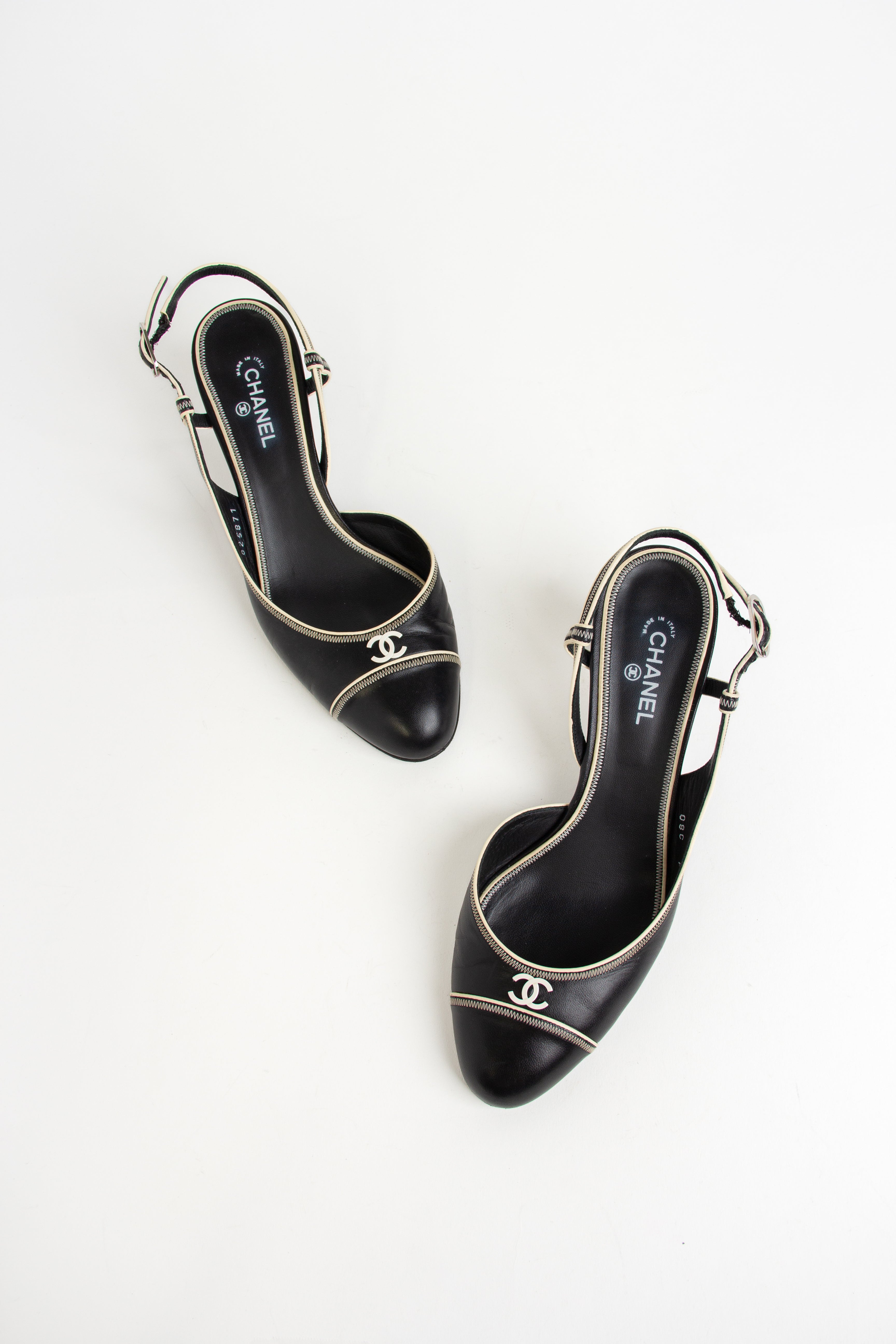 Rare Chanel Black + White CC Slingback Heels (IT 38)