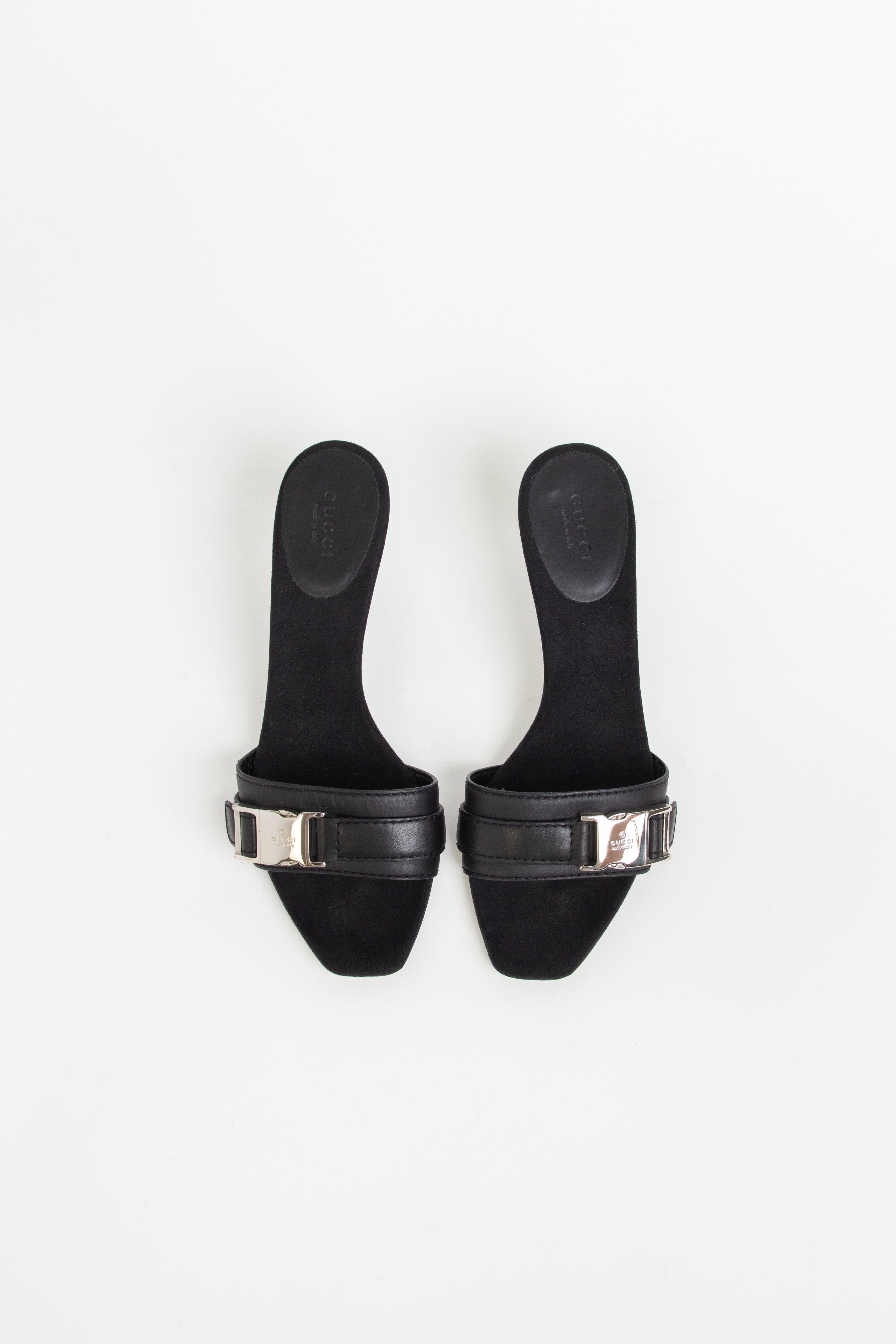 Gucci Black and Silver Buckle Open Toe Heels (IT 36.5)