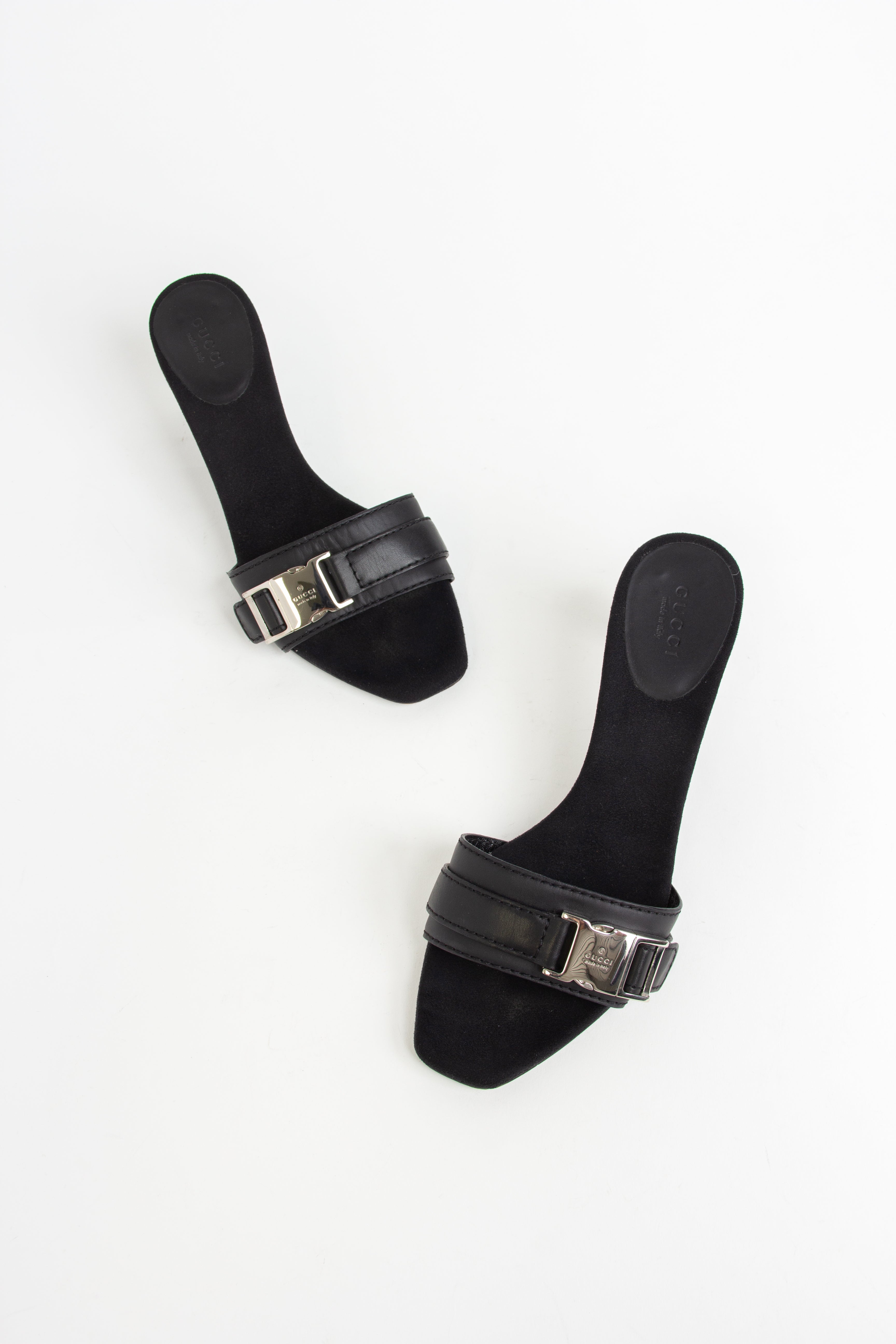 Gucci Black and Silver Buckle Open Toe Heels (IT 36.5)