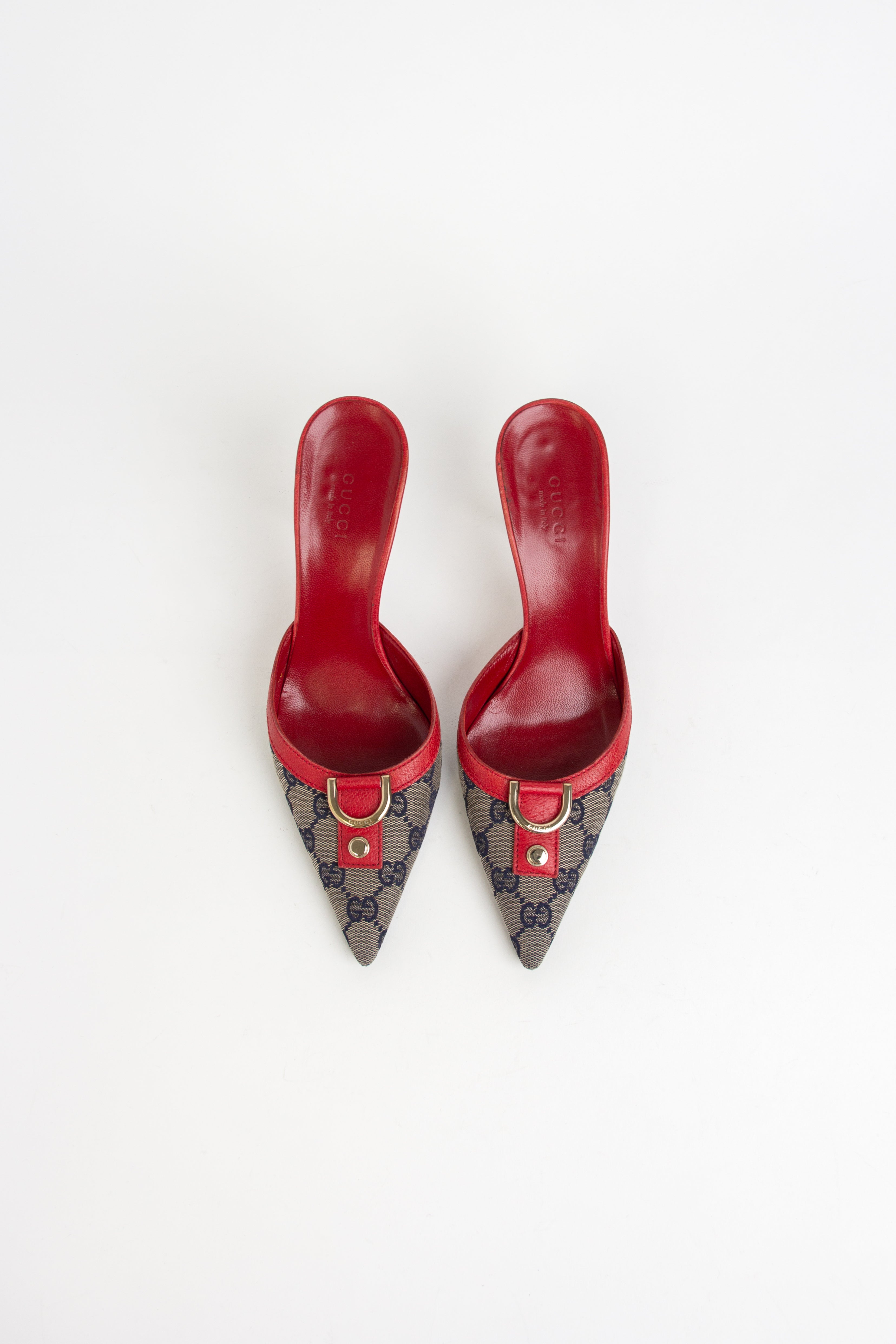 Gucci Red + Blue Monogram Canvas Mules (IT 36)