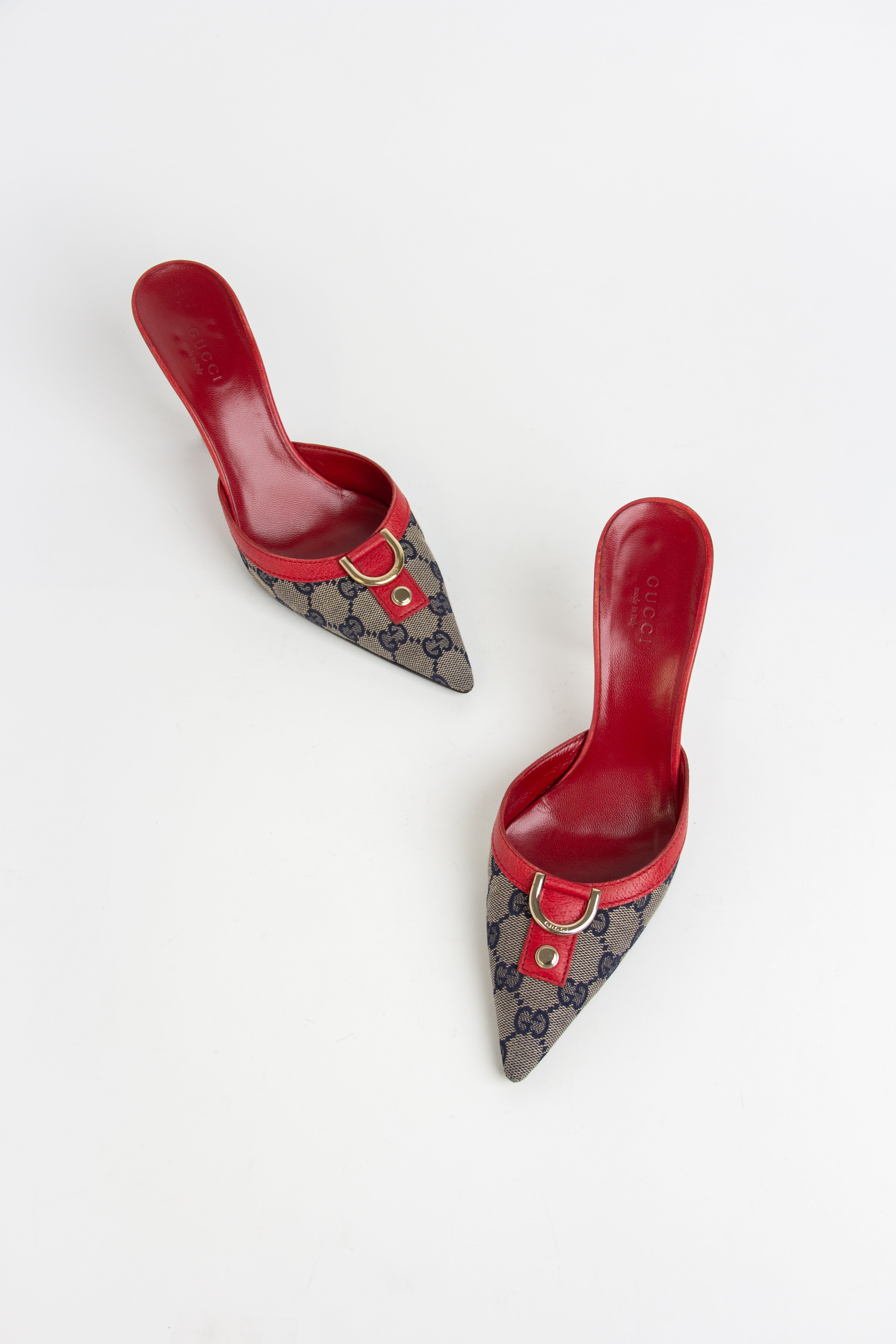 Gucci Red + Blue Monogram Canvas Mules (IT 36)