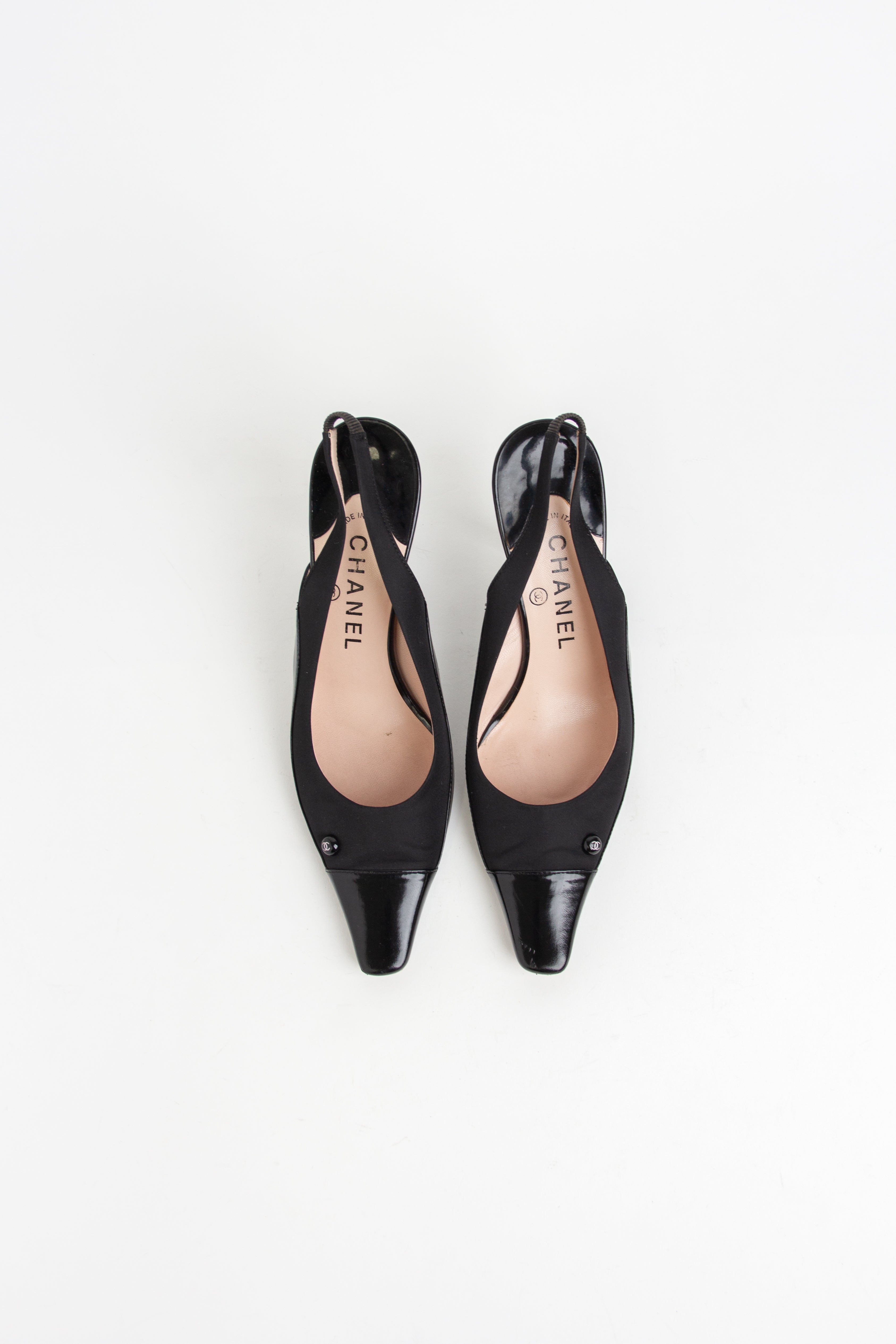 Chanel Black Fabric + Patent Leather CC Slingback Heels (IT 36.5)