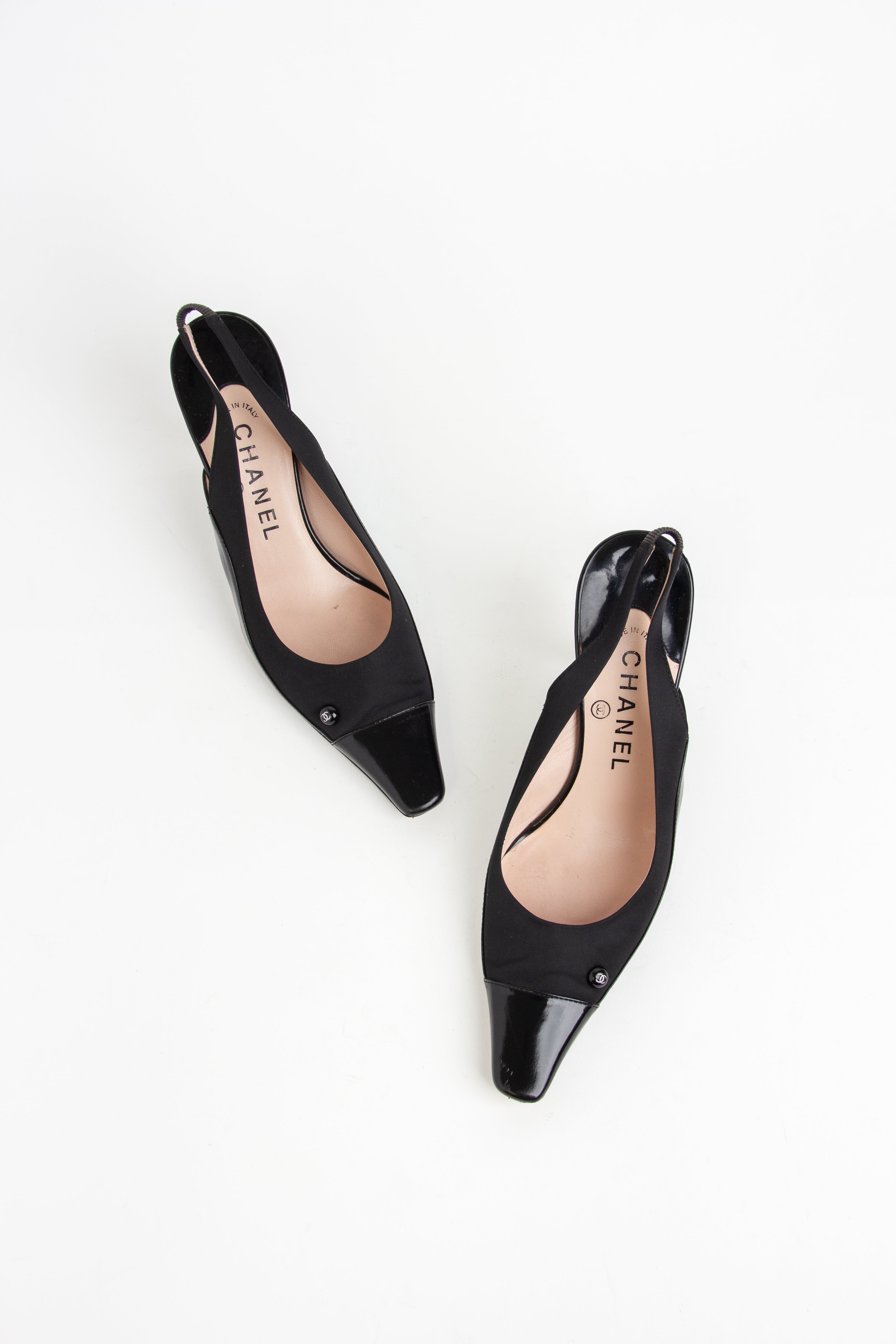 Chanel Black Fabric + Patent Leather CC Slingback Heels (IT 36.5)