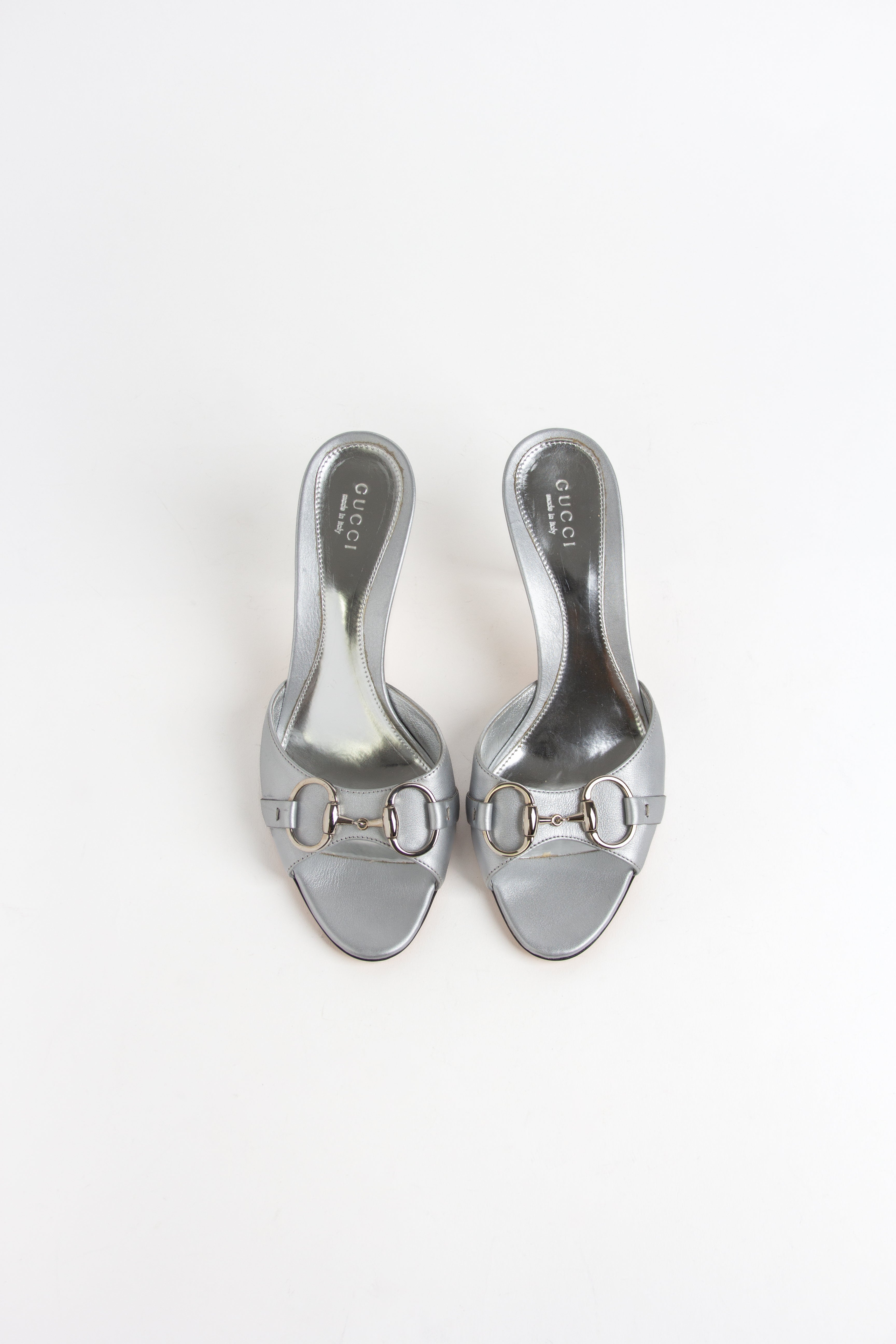 Gucci Silver Metallic Horsebit Open Toe Heels (IT 35.5)