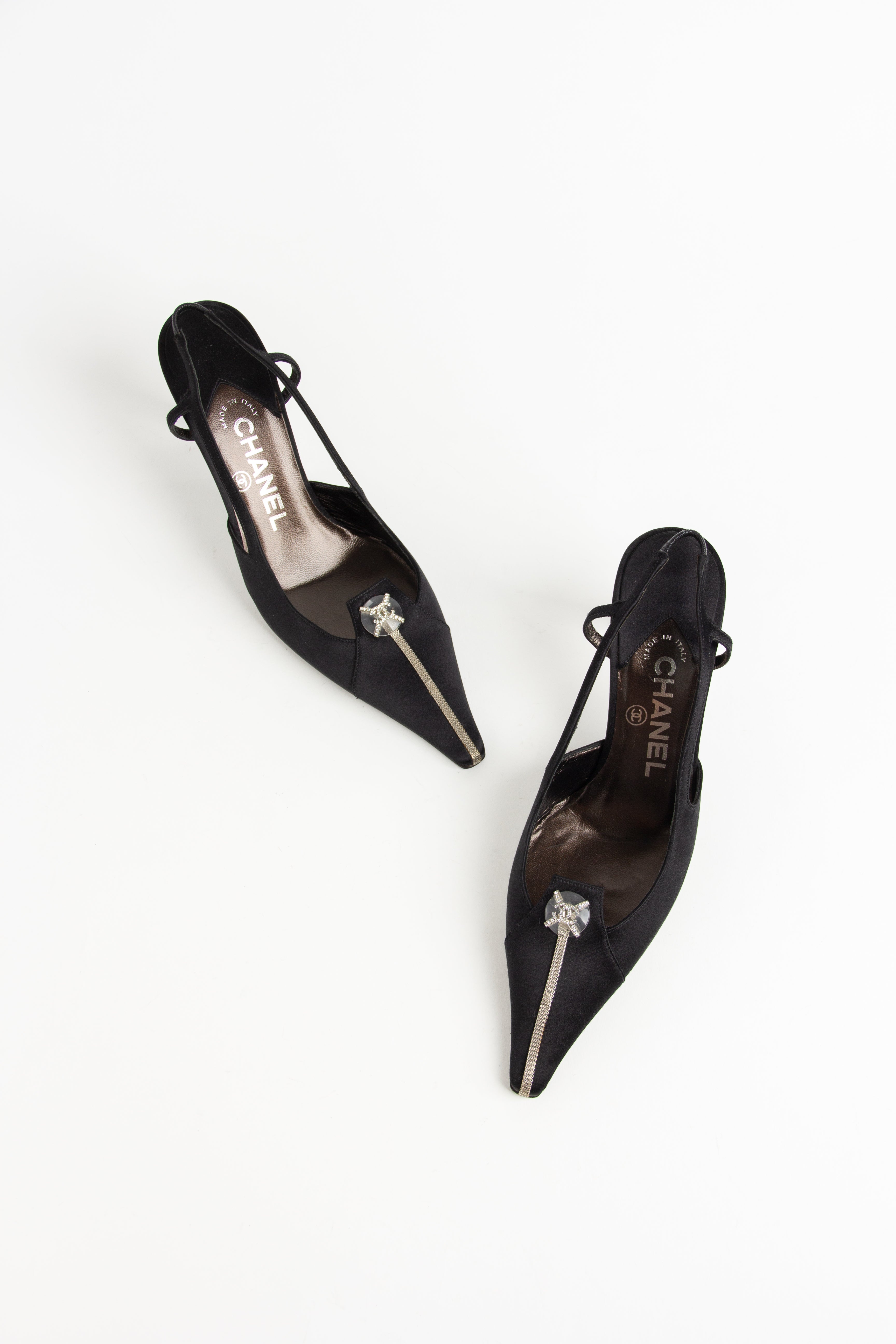 Rare Chanel Black Satin Crystal CC Slingback Heels (IT 36.5)