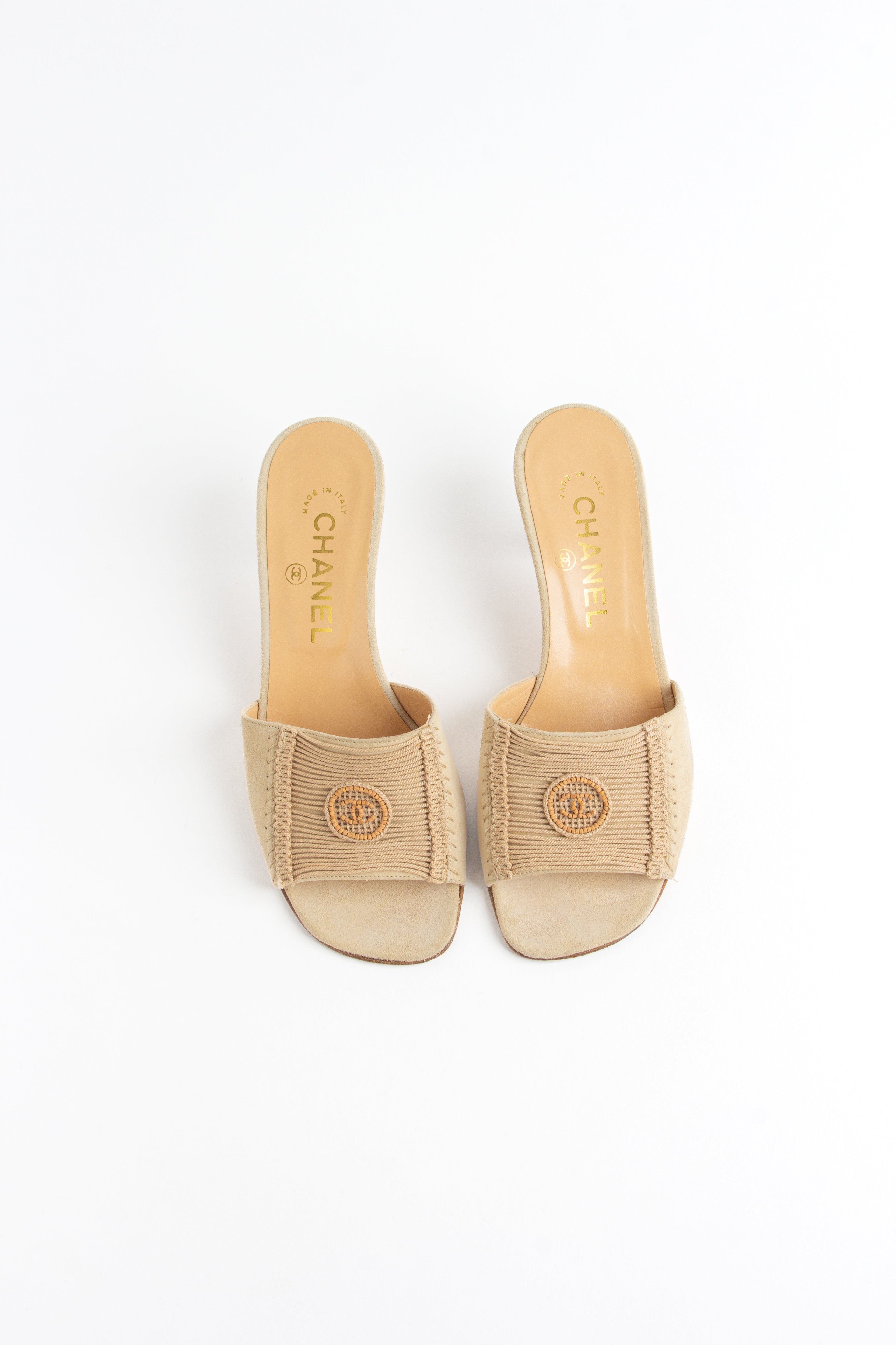 Chanel Beige Suede Beaded CC Sandals (IT 36)