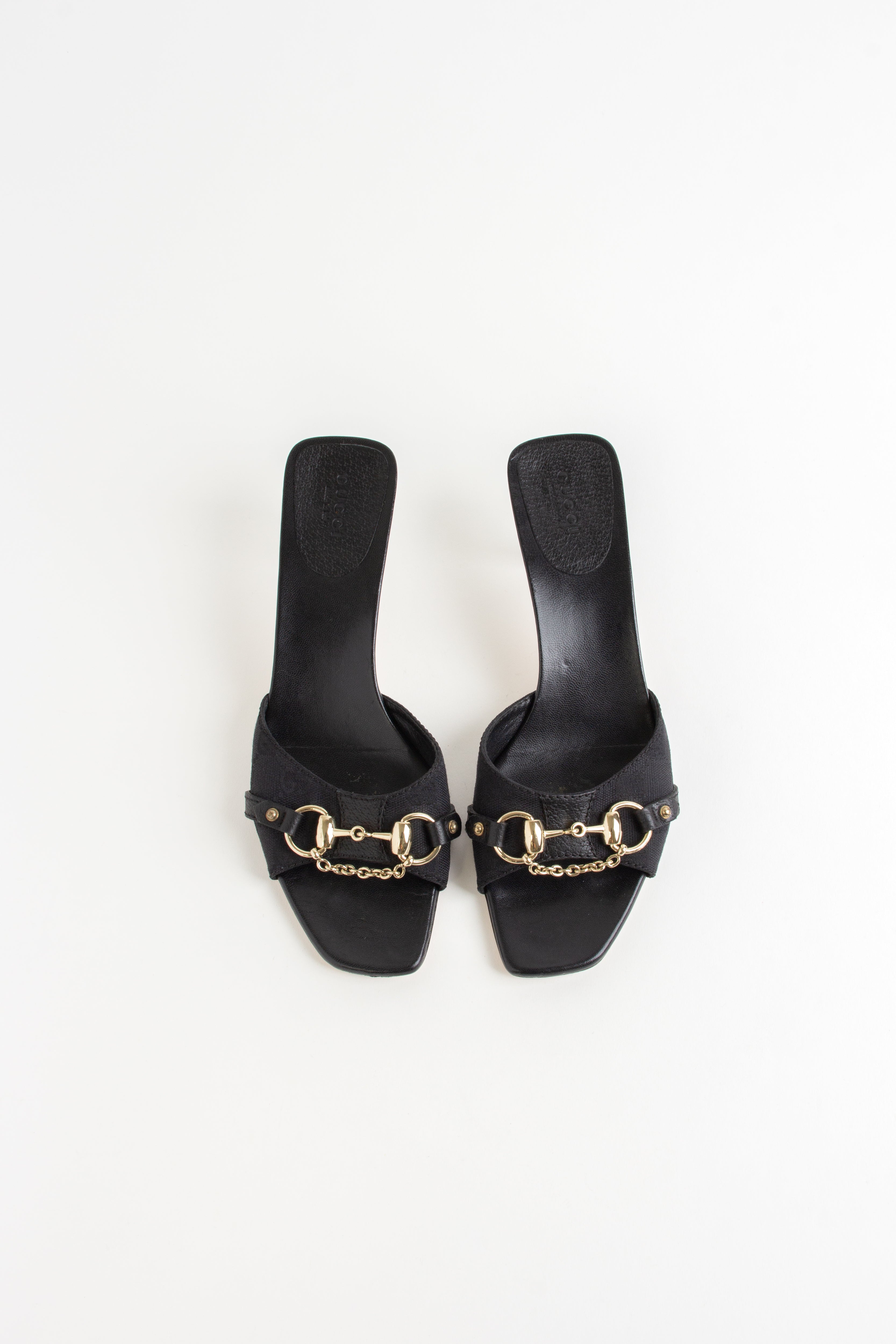 Gucci Black Canvas Gold Chain Horsebit Heels (IT 38)