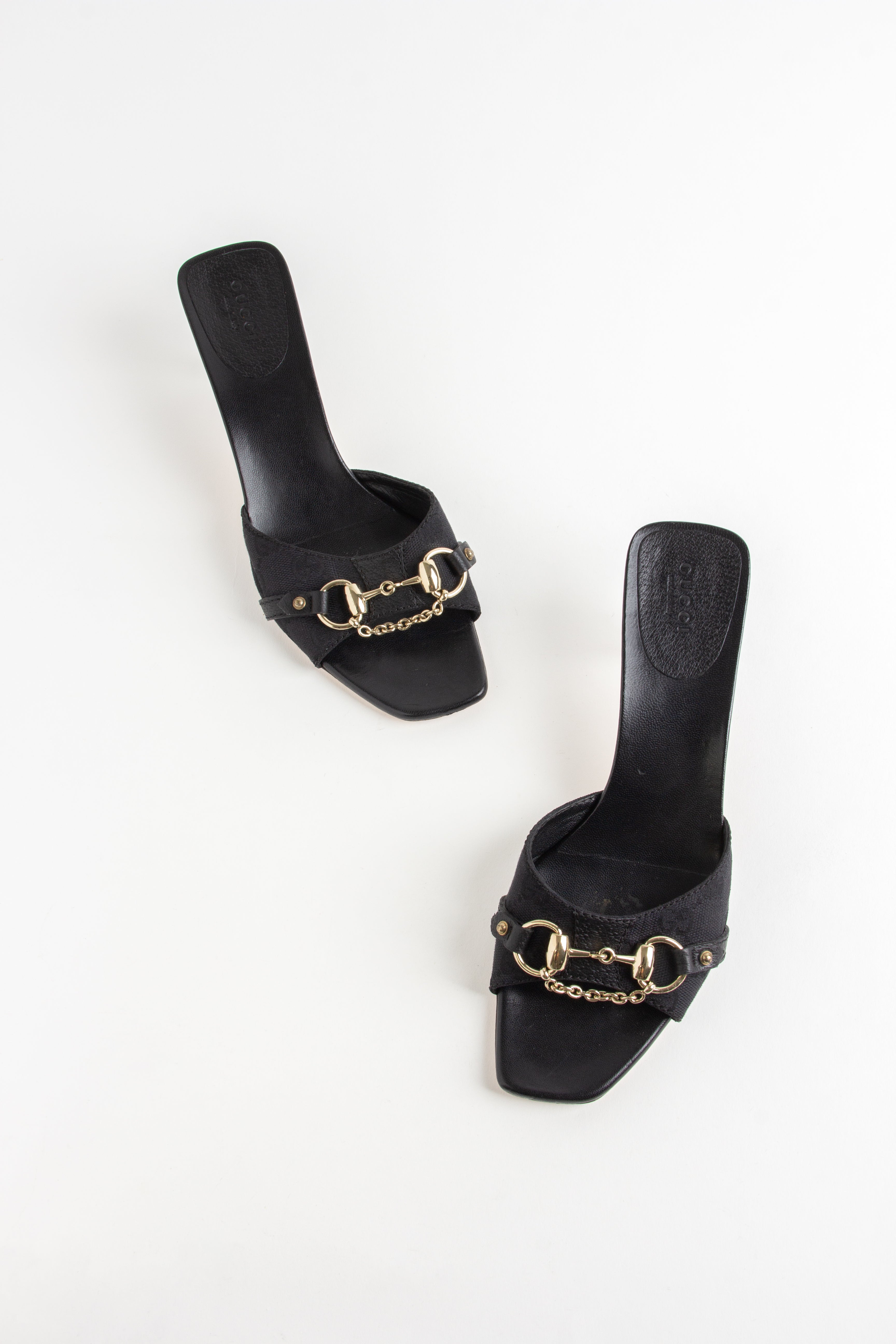 Gucci Black Canvas Gold Chain Horsebit Heels (IT 38)