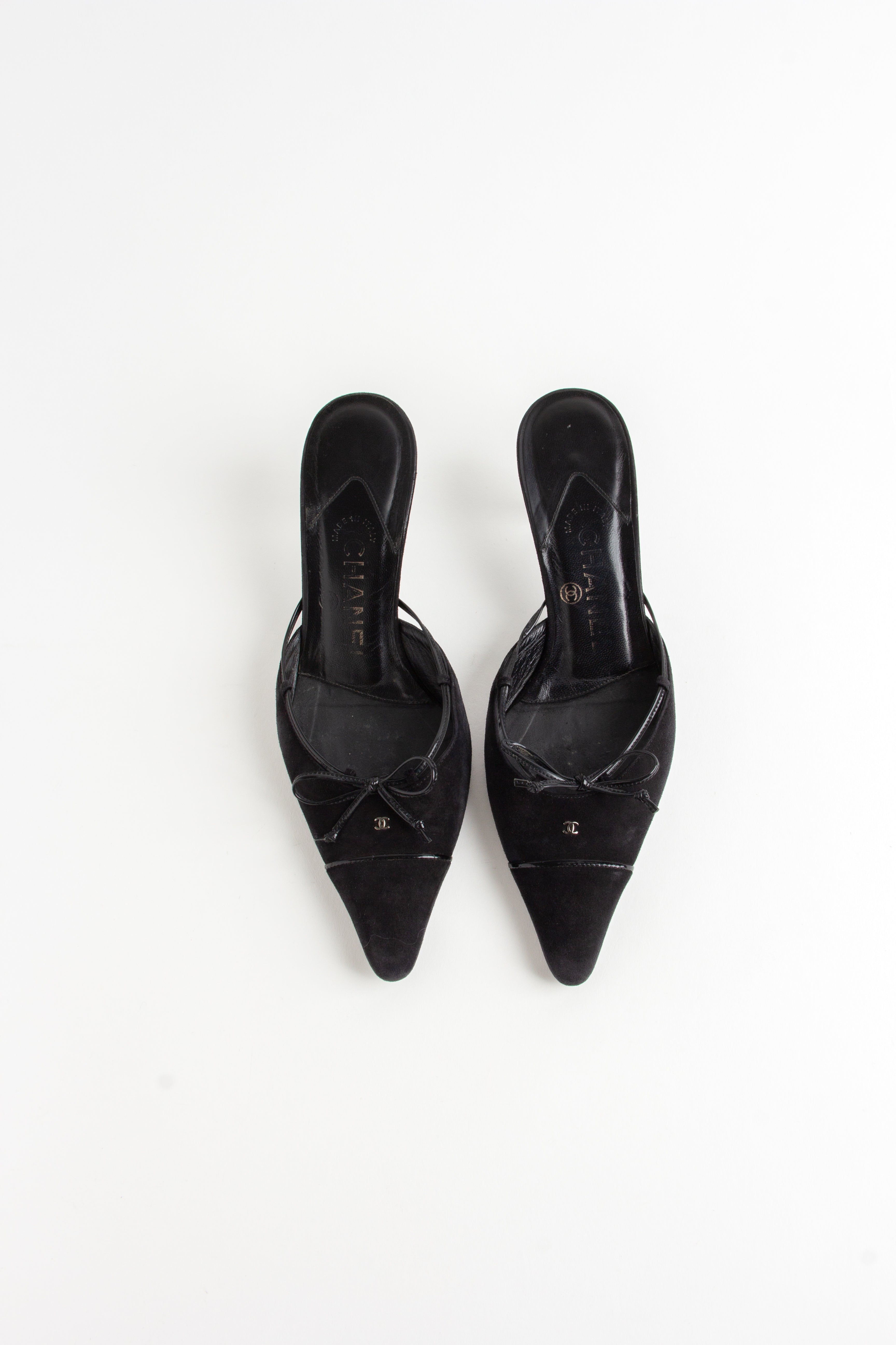 Chanel Black Suede CC Bow Mules (IT 35.5)