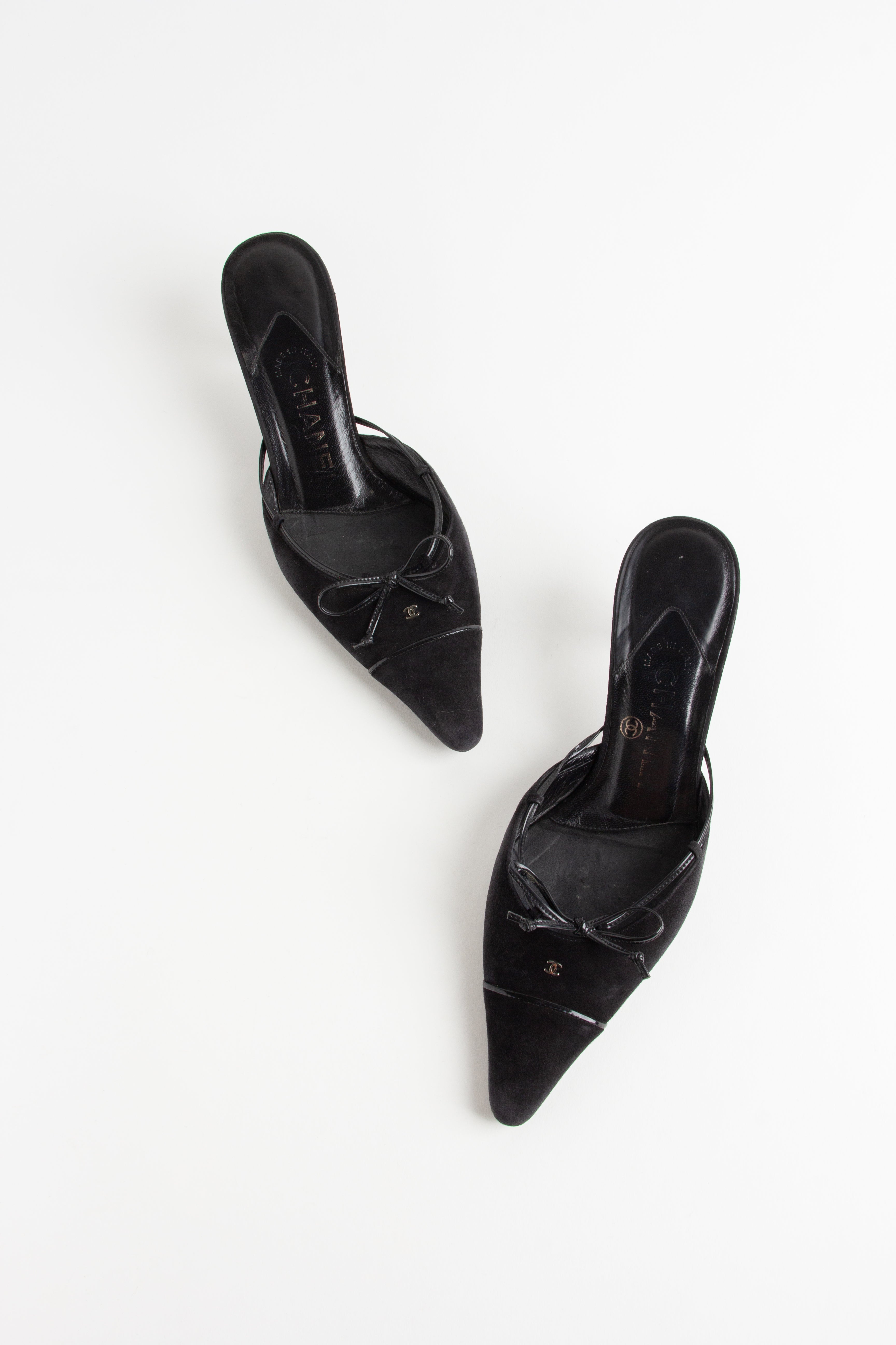 Chanel Black Suede CC Bow Mules (IT 35.5)