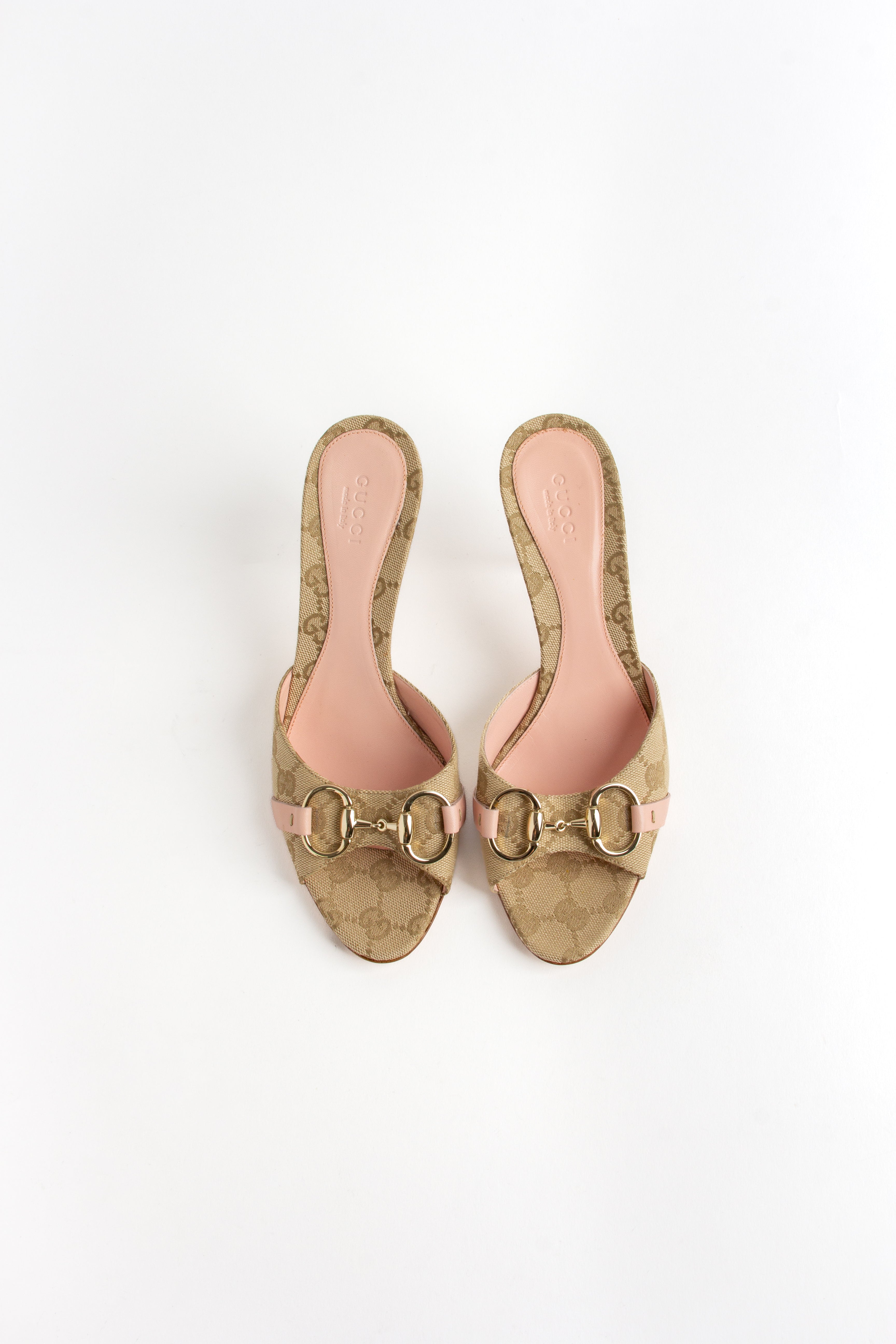 Gucci Pink + Beige Monogram Canvas Horsebit Heels (US 6.5)