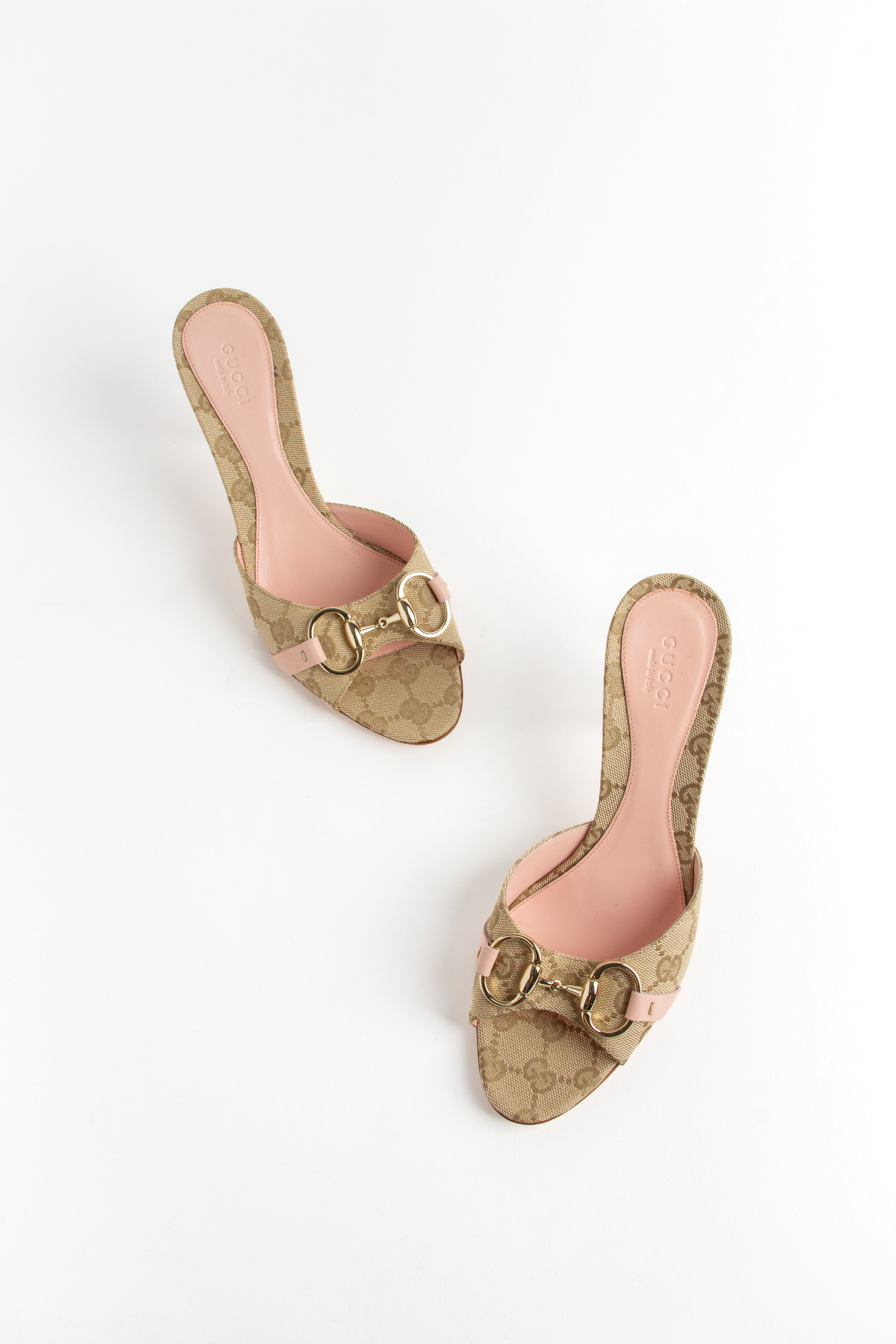 Gucci Pink + Beige Monogram Canvas Horsebit Heels (US 6.5)