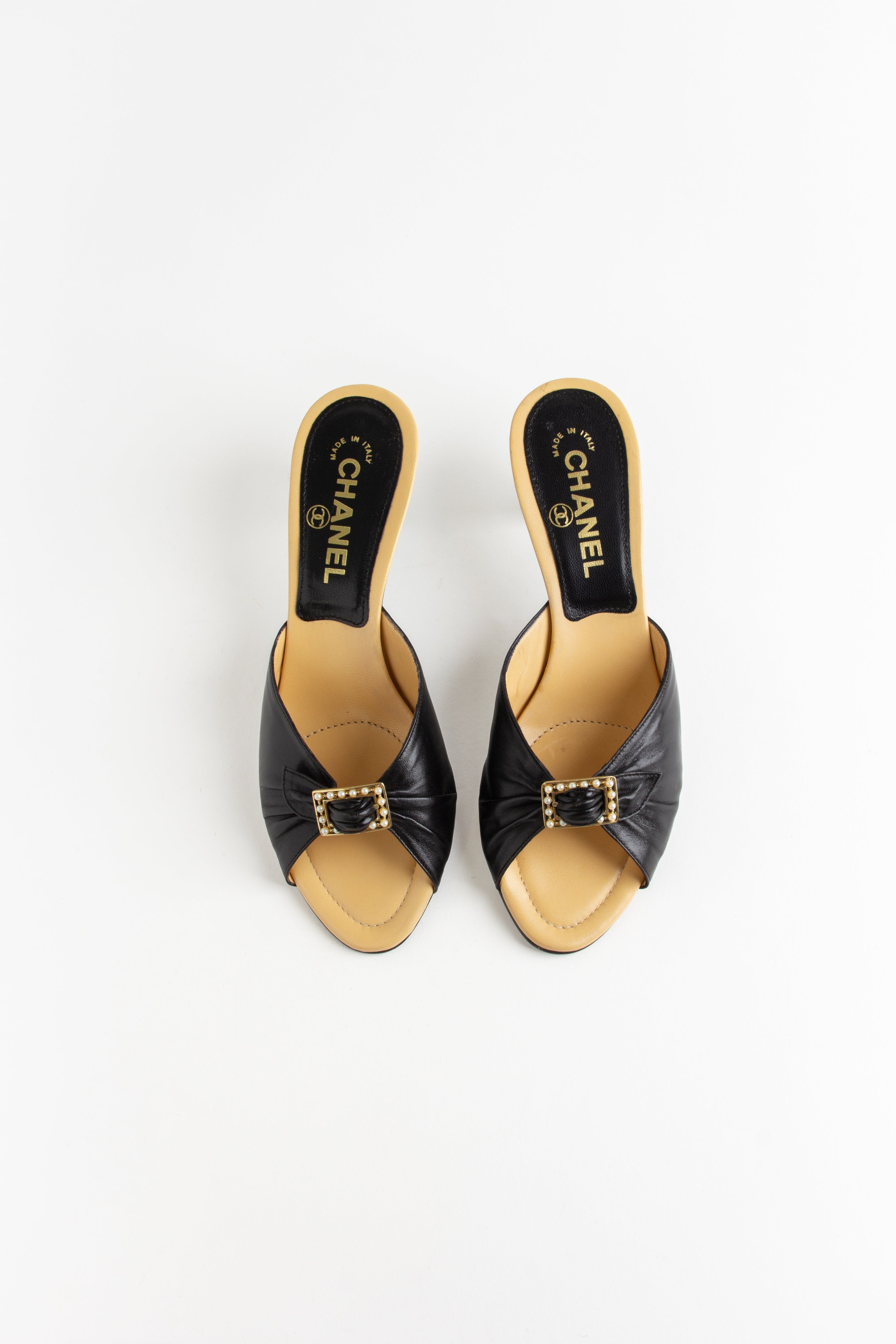 Chanel Black + Beige Pearl Buckle Heels (IT 36.5)
