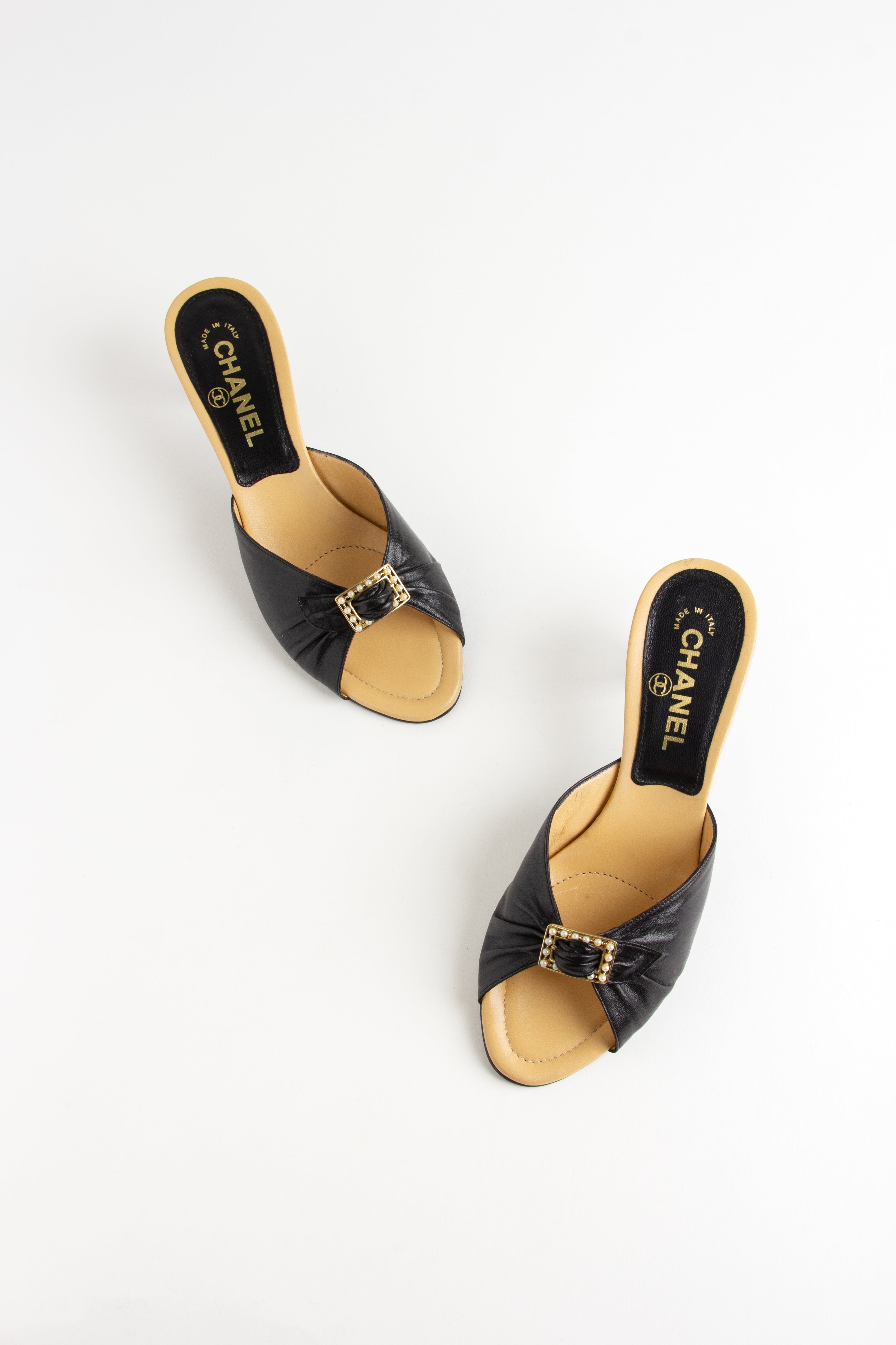 Chanel Black + Beige Pearl Buckle Heels (IT 36.5)