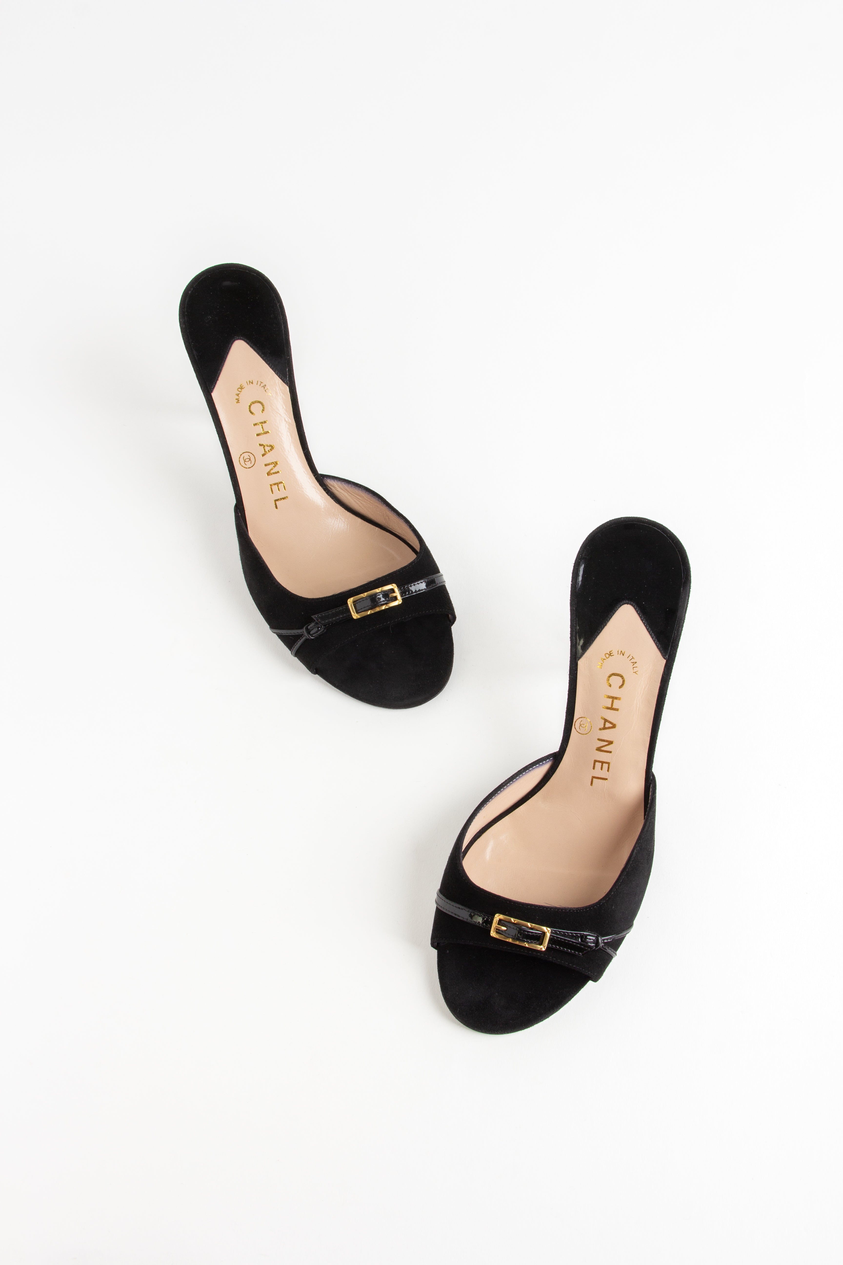 Chanel Black + Gold Suede Buckle Open Toe Heels (IT 38.5)