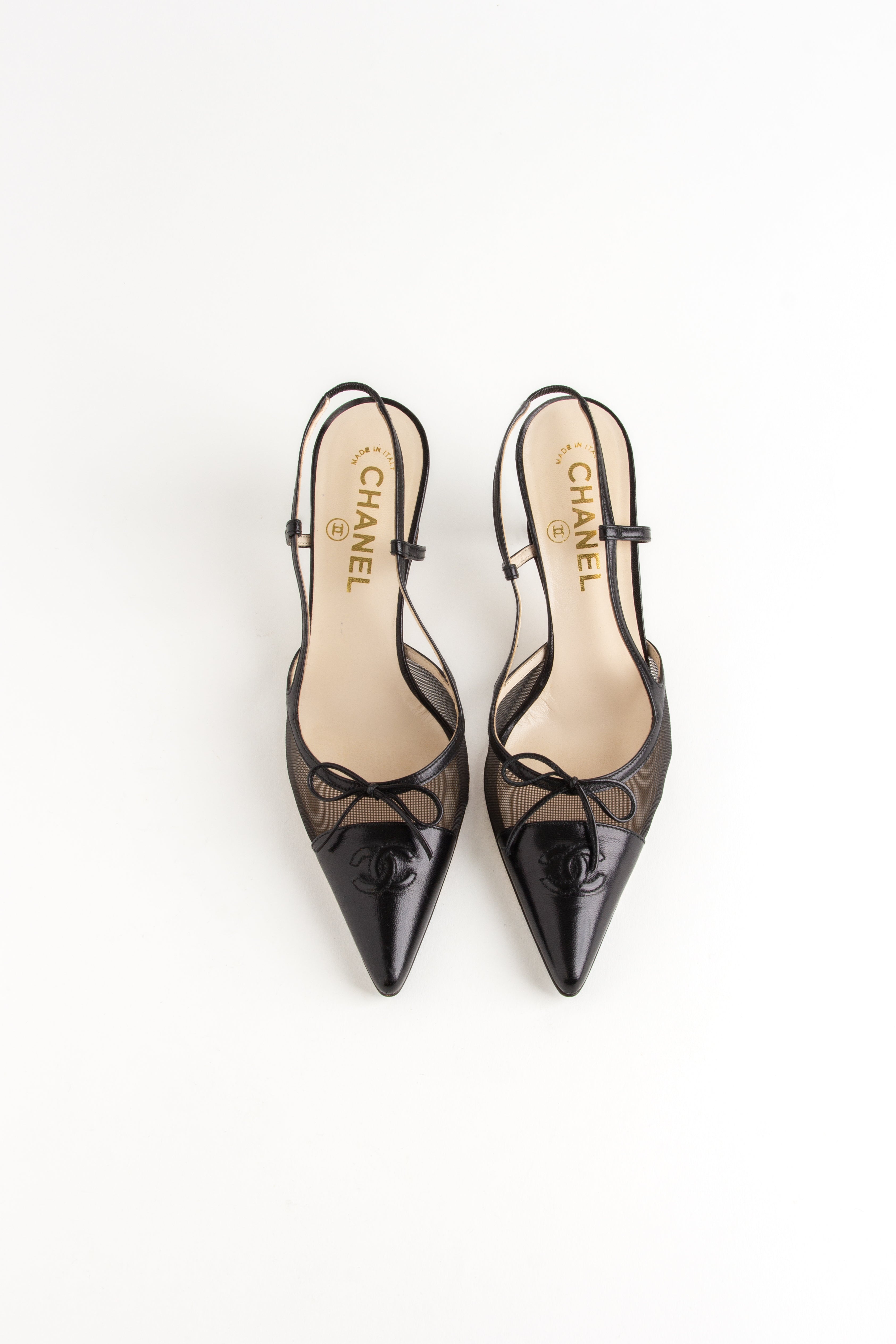 Chanel Black Mesh CC Bow Slingback Heels (IT 37.5)