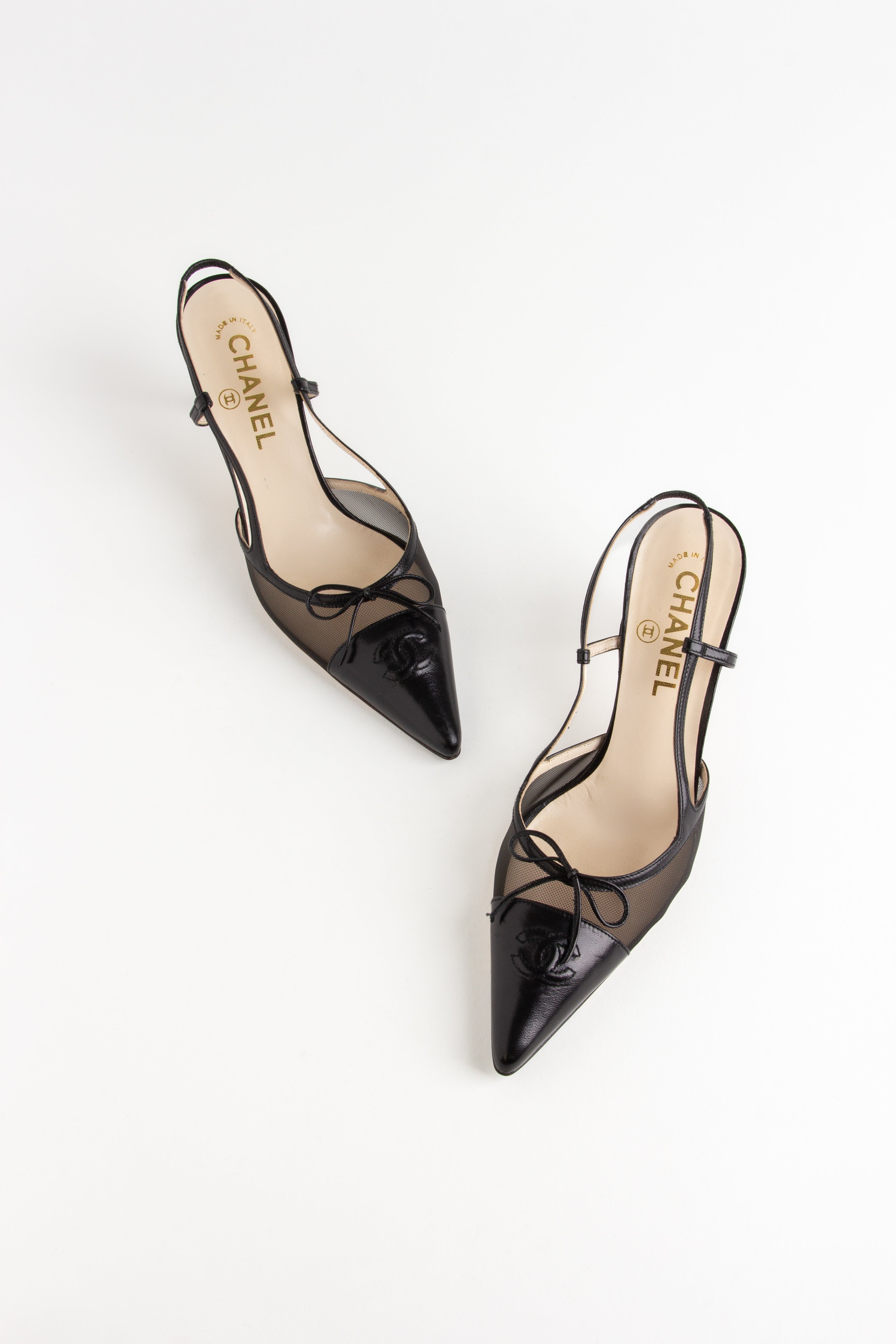Chanel Black Mesh CC Bow Slingback Heels (IT 37.5)