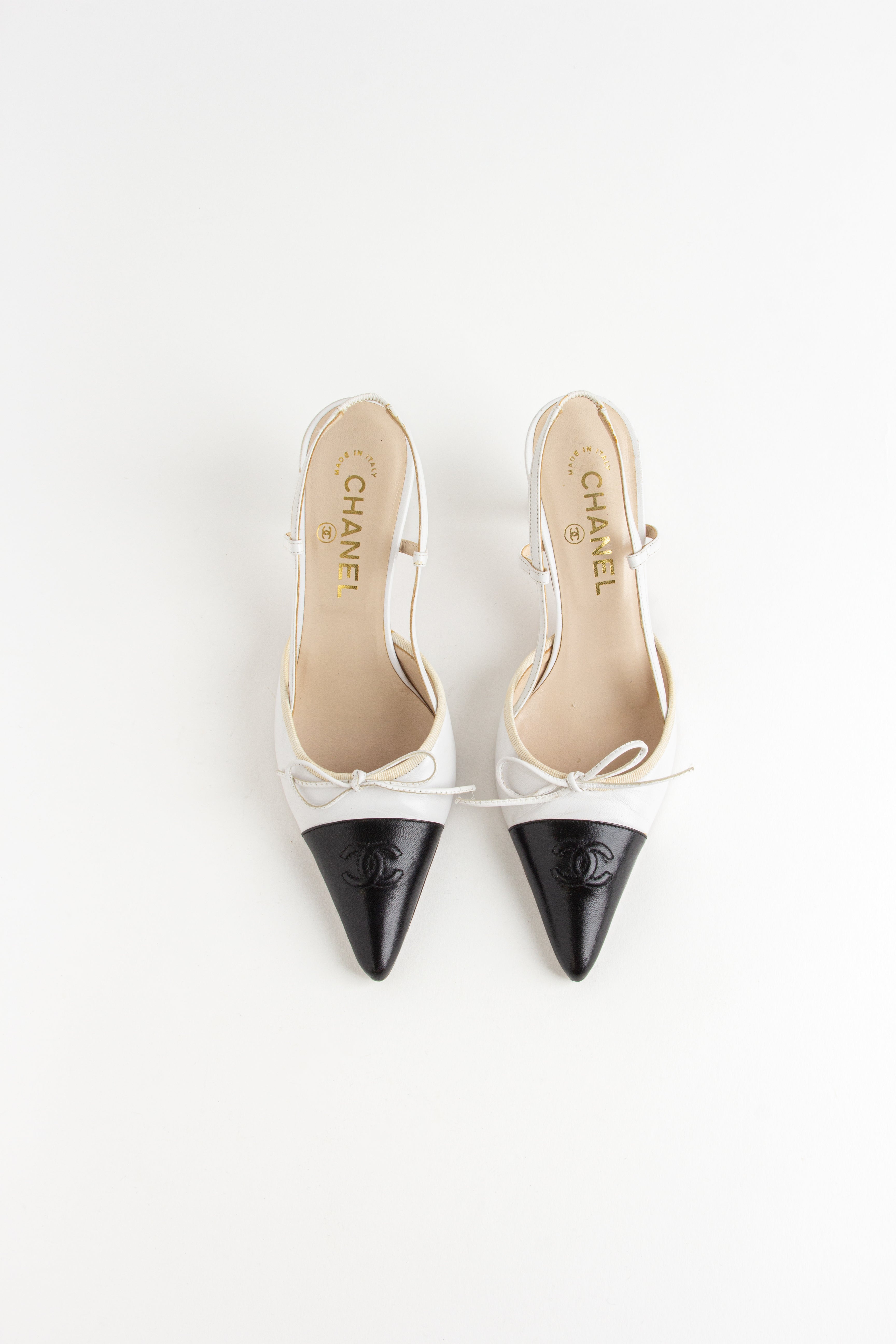 Rare Chanel White + Black CC Bow Slingback Heels (IT 36)