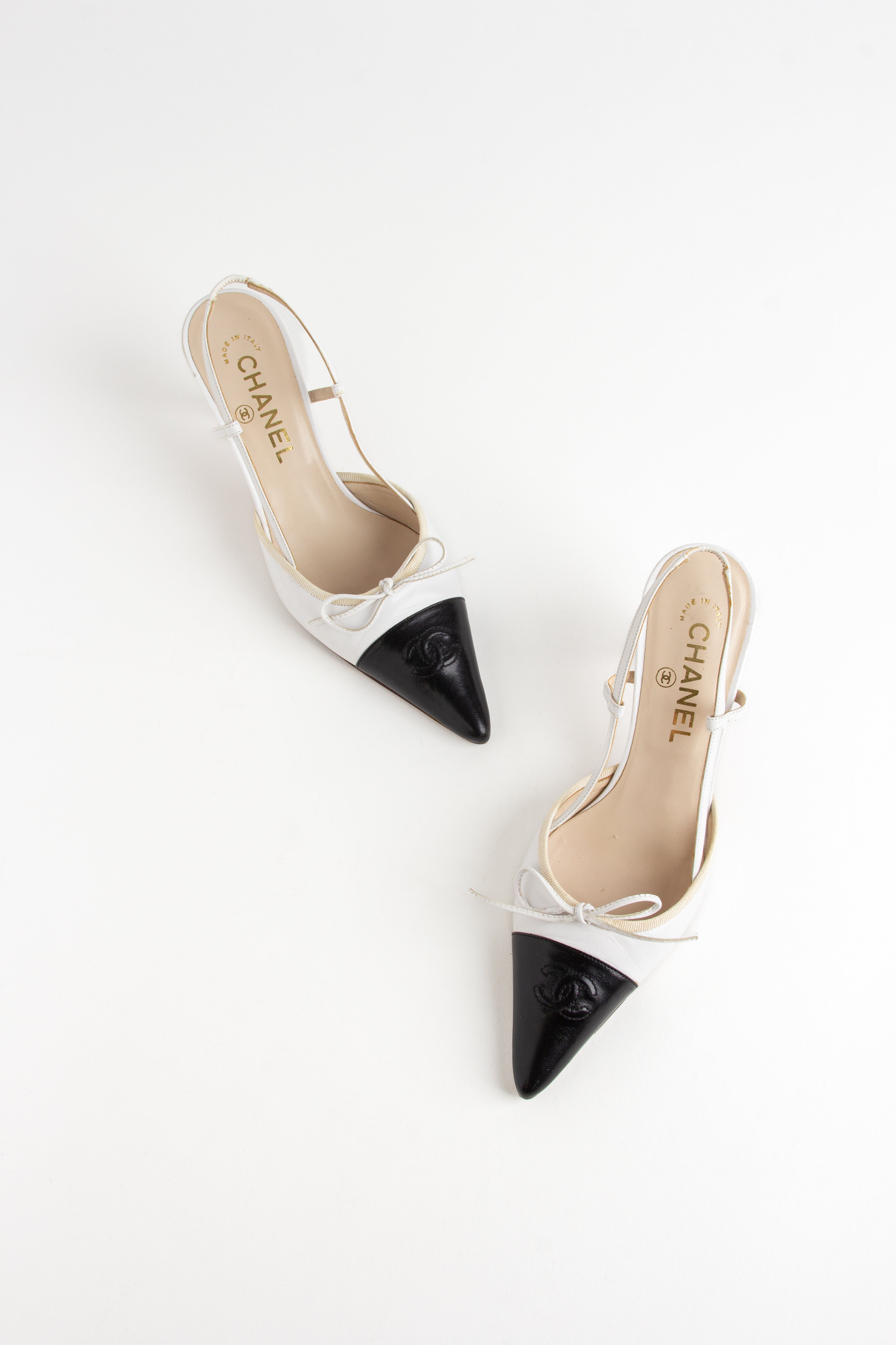 Rare Chanel White + Black CC Bow Slingback Heels (IT 36)