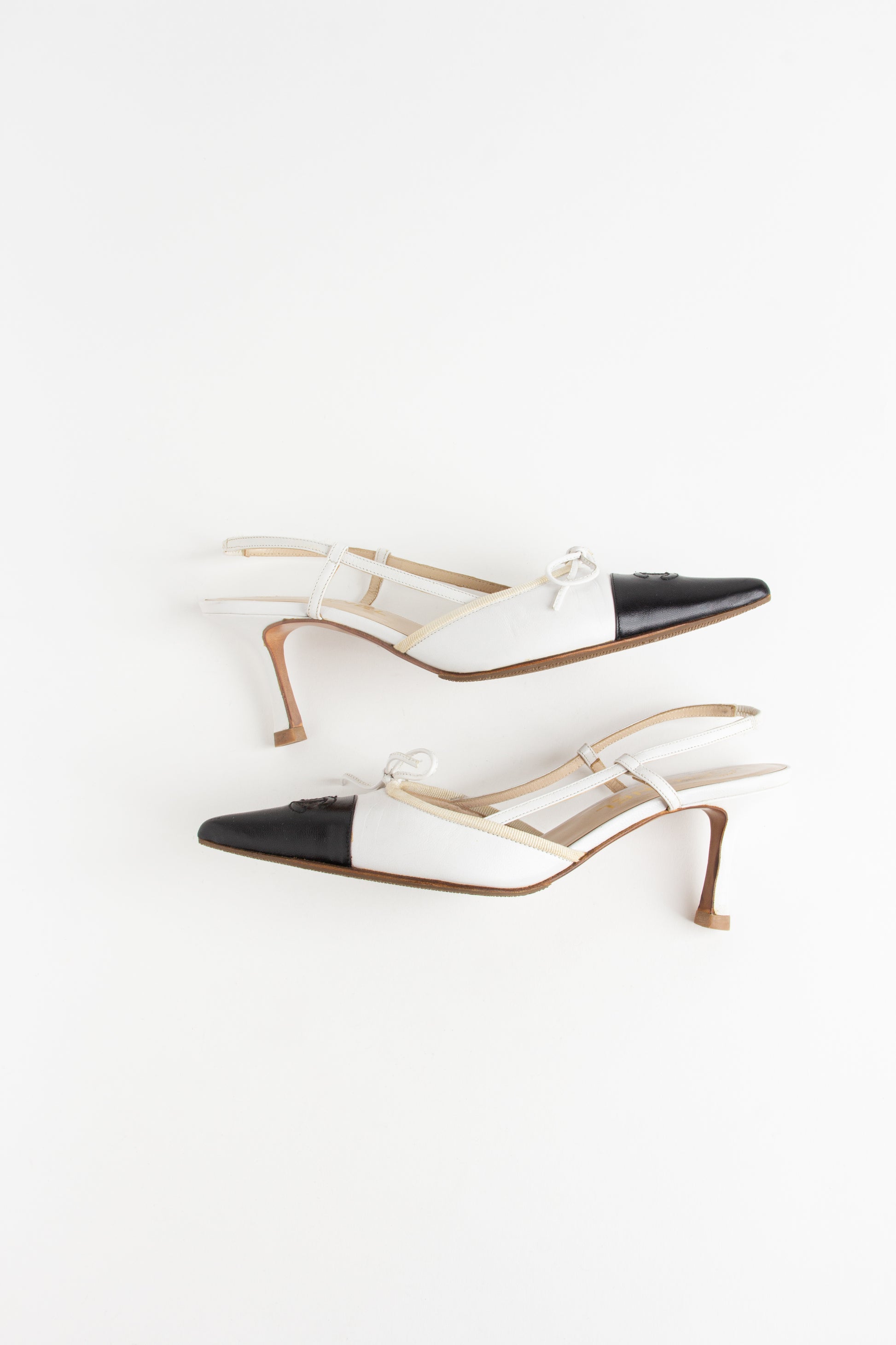 Rare Chanel White + Black CC Bow Slingback Heels (IT 36)