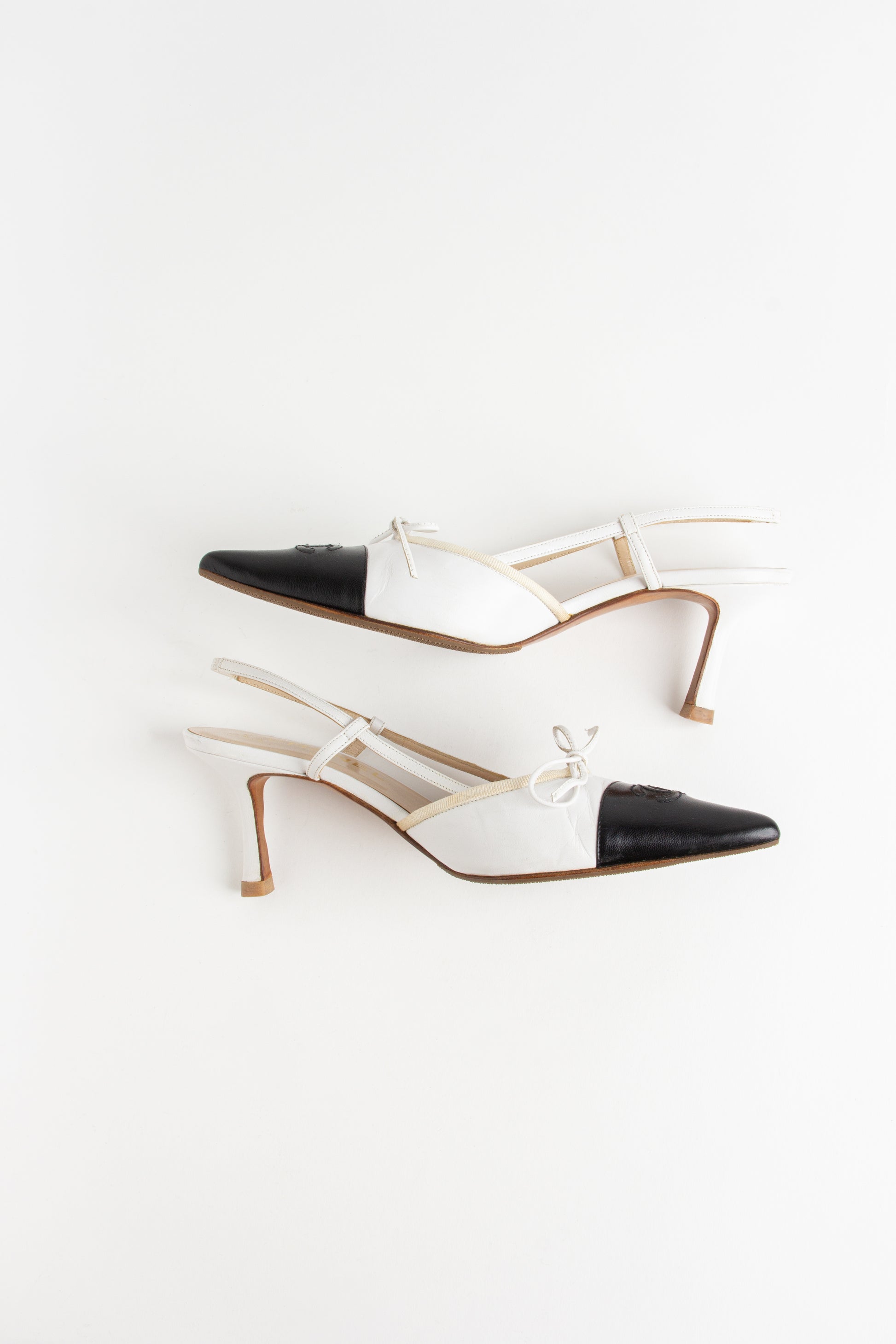 Rare Chanel White + Black CC Bow Slingback Heels (IT 36)