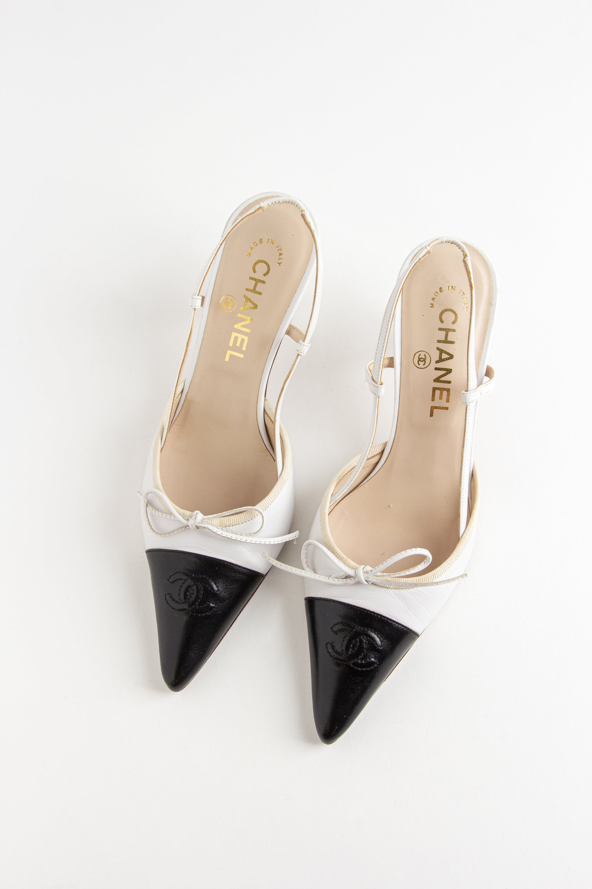 Rare Chanel White + Black CC Bow Slingback Heels (IT 36)