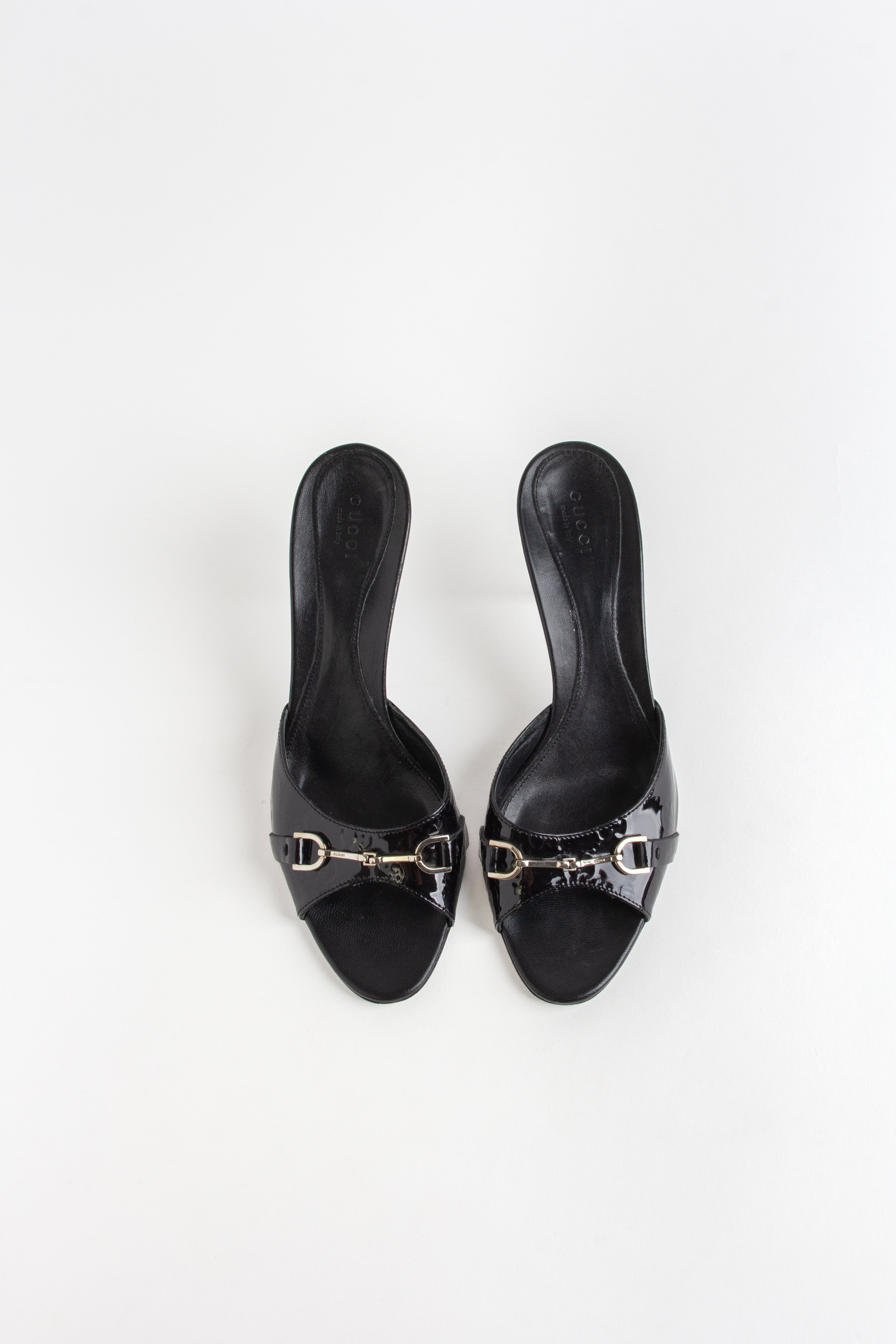 Gucci Black + Silver Horsebit Open Toe Heels (IT 39.5)