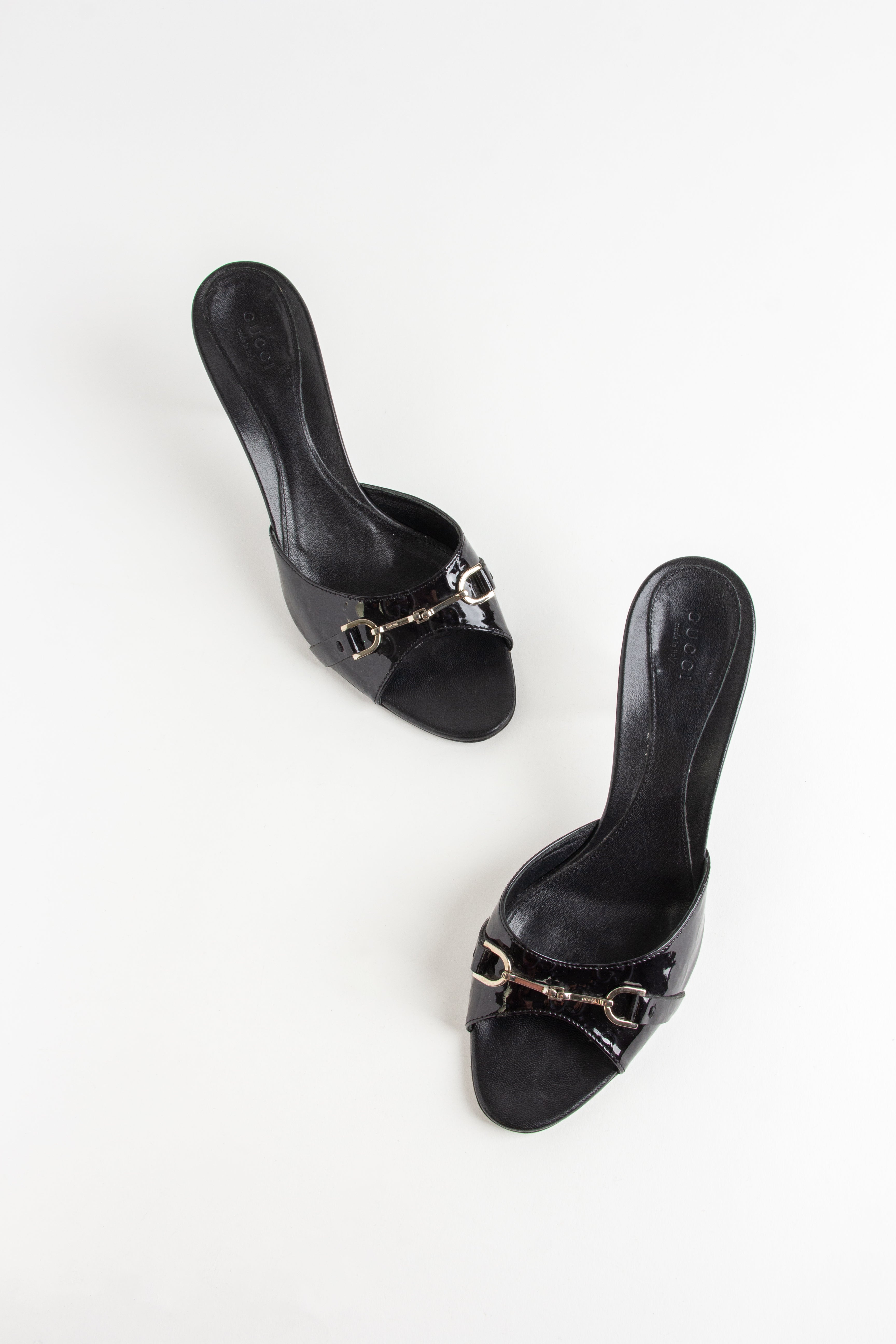 Gucci Black + Silver Horsebit Open Toe Heels (IT 39.5)