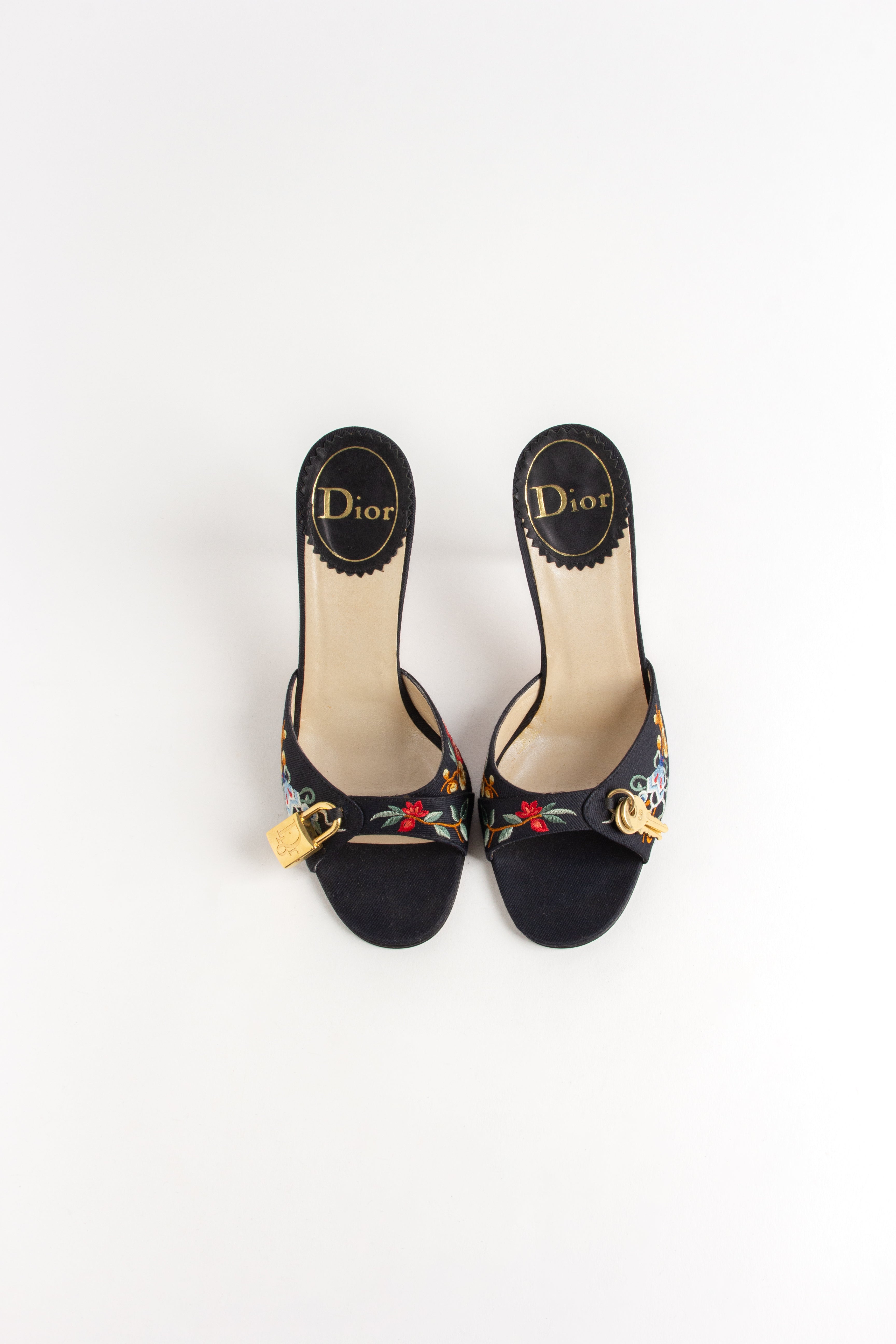 Dior Floral Embroidered Gold Charm Heels (IT 37.5)