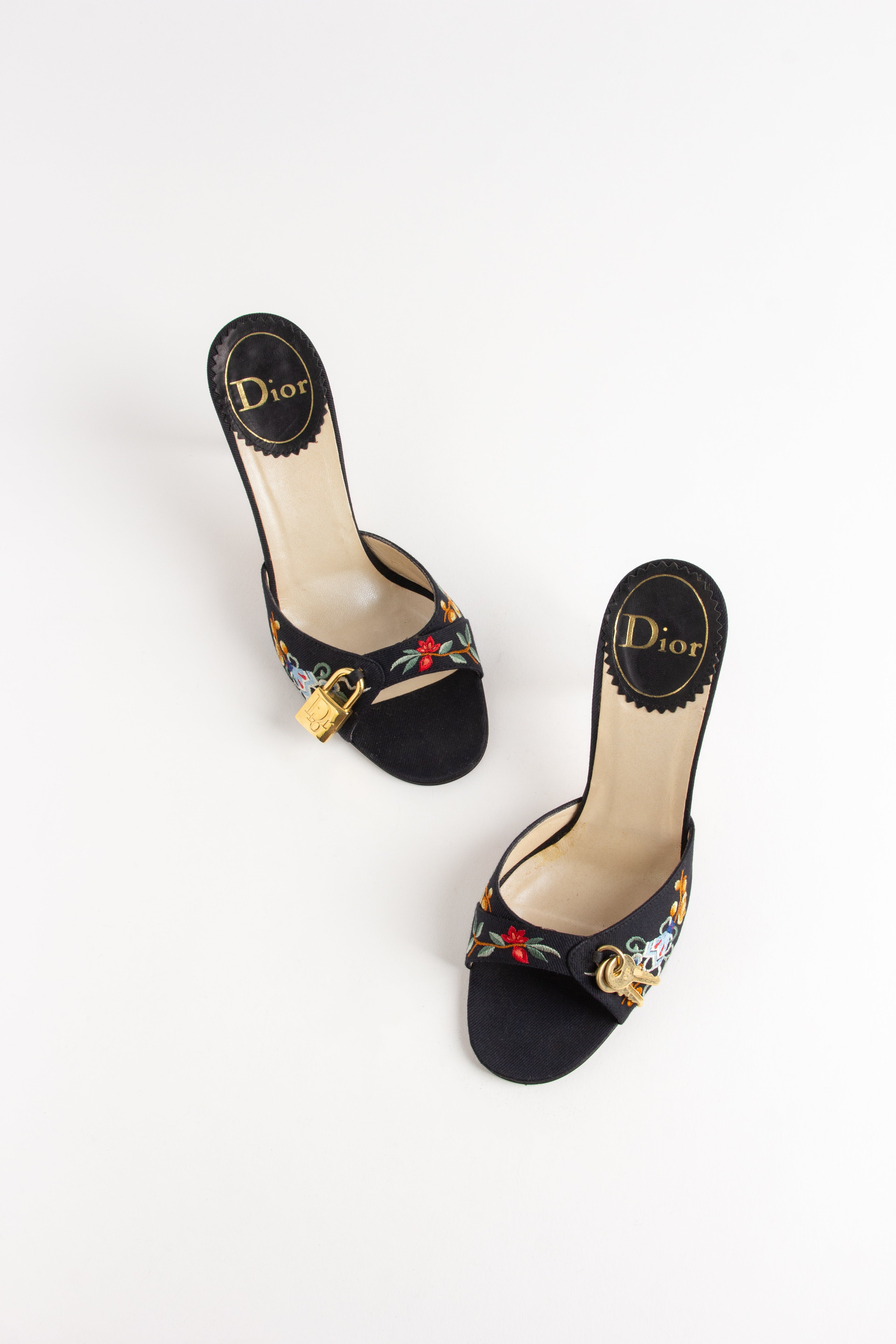 Dior Floral Embroidered Gold Charm Heels (IT 37.5)