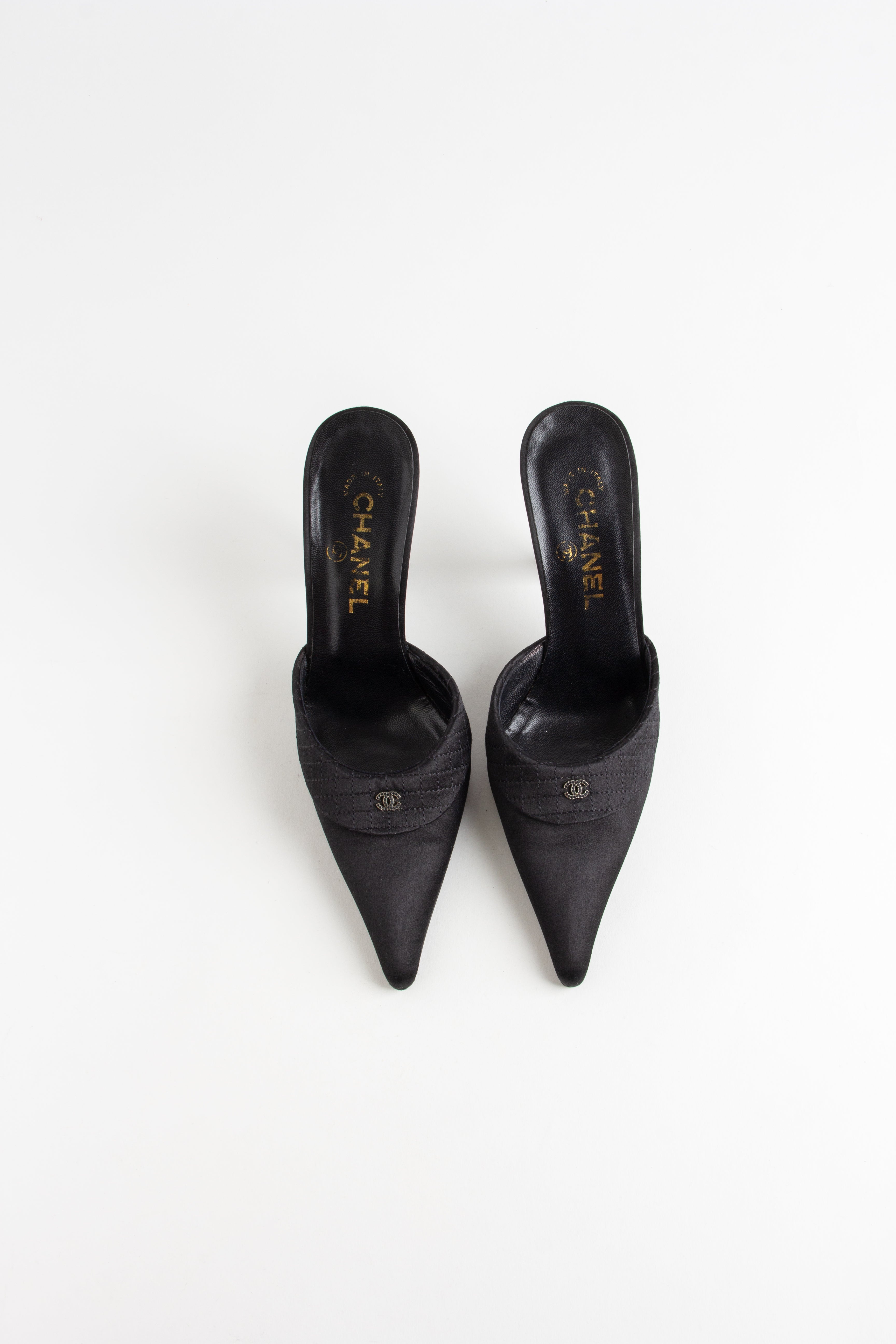 Rare Chanel Black Satin CC Mules (IT 38)