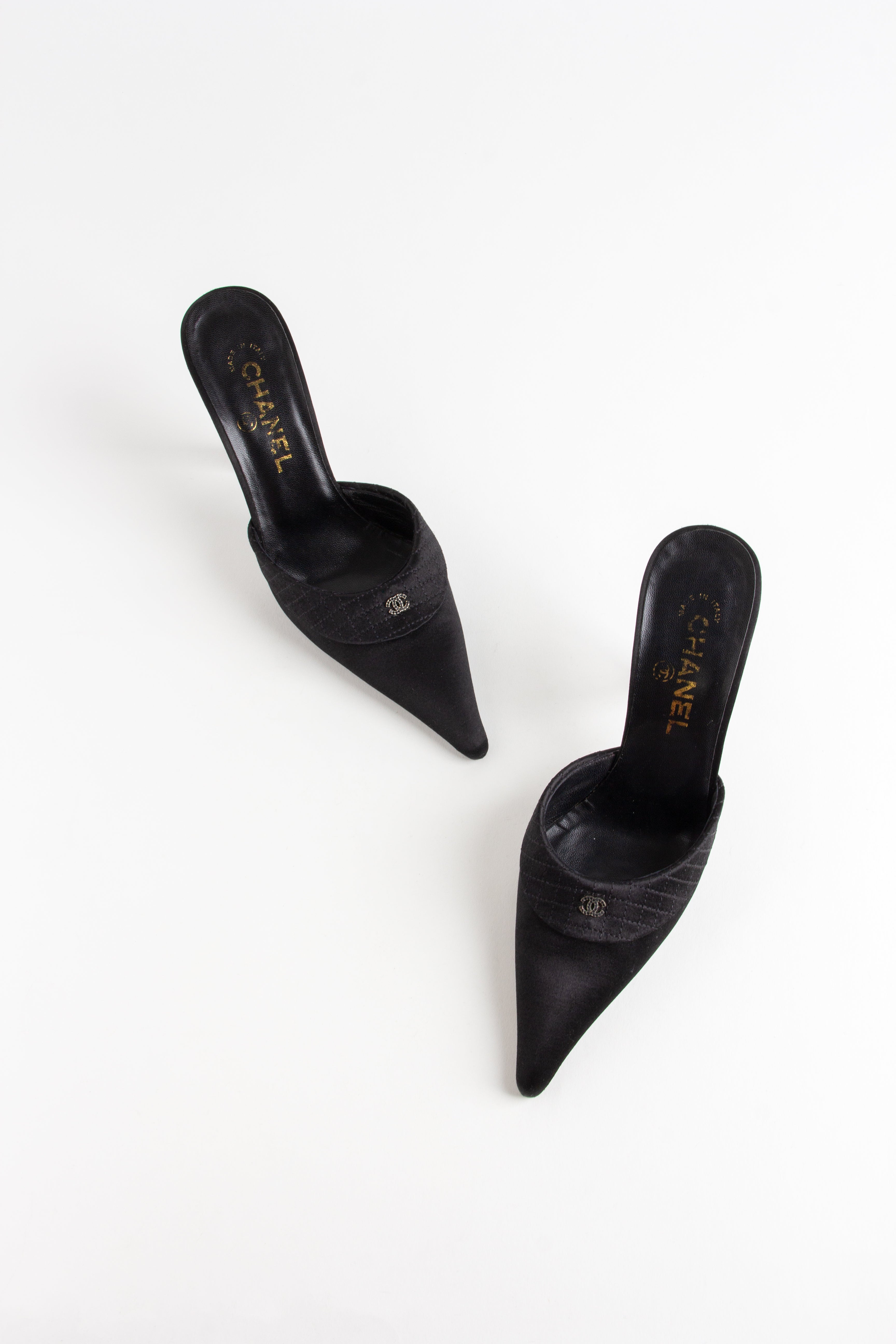 Rare Chanel Black Satin CC Mules (IT 38)