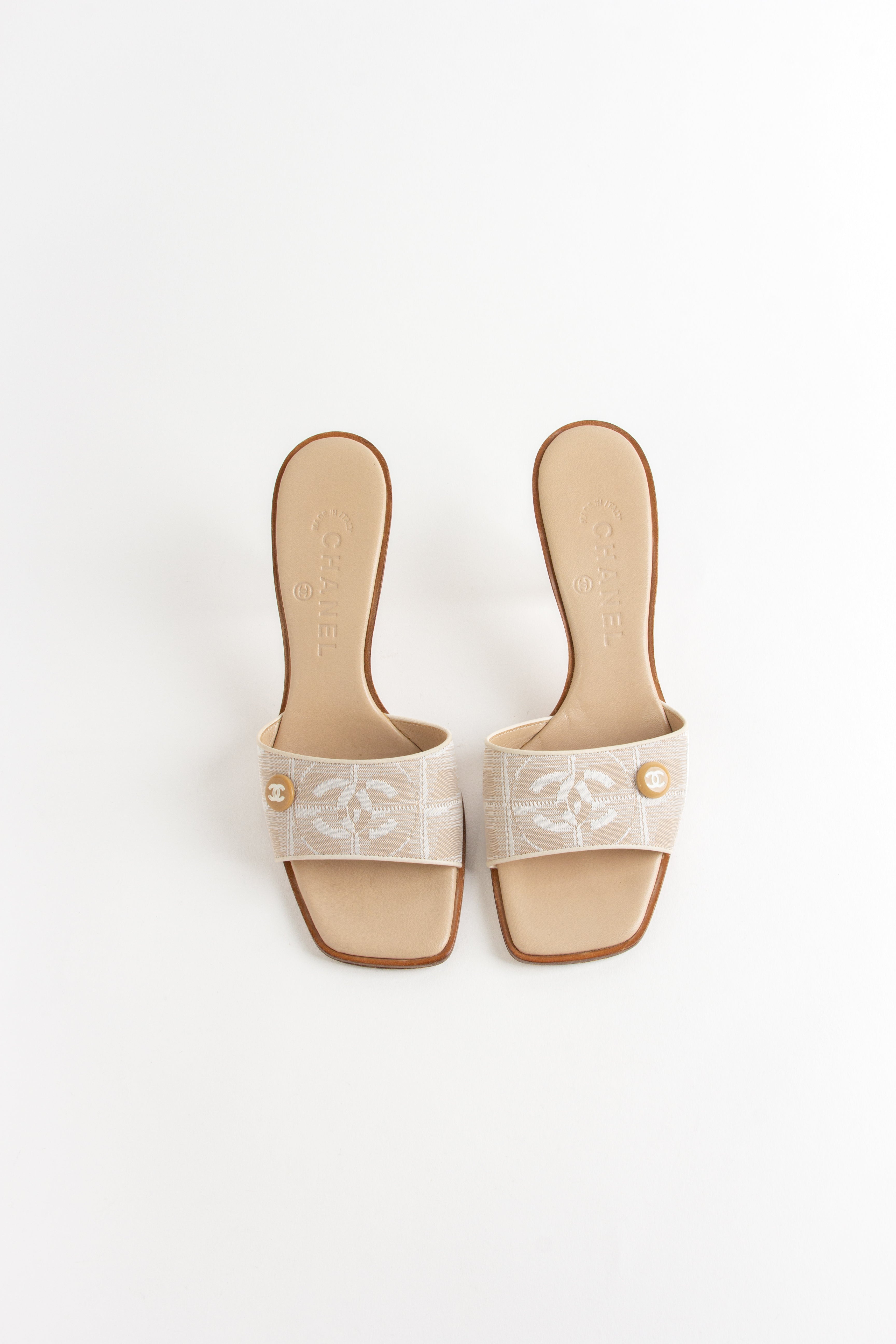 Chanel Beige Square Toe CC Fabric Heels (IT 38)