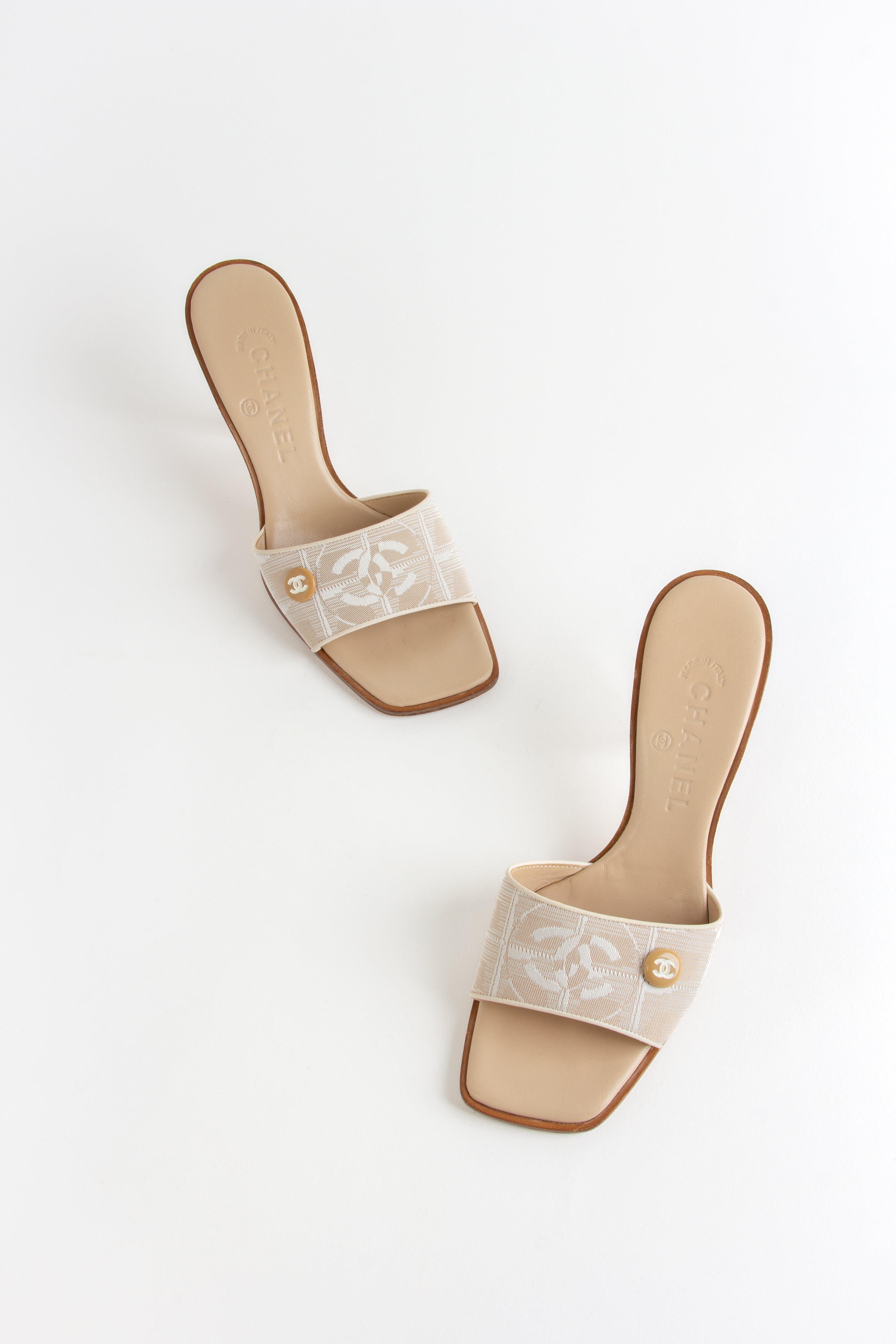 Chanel Beige Square Toe CC Fabric Heels (IT 38)