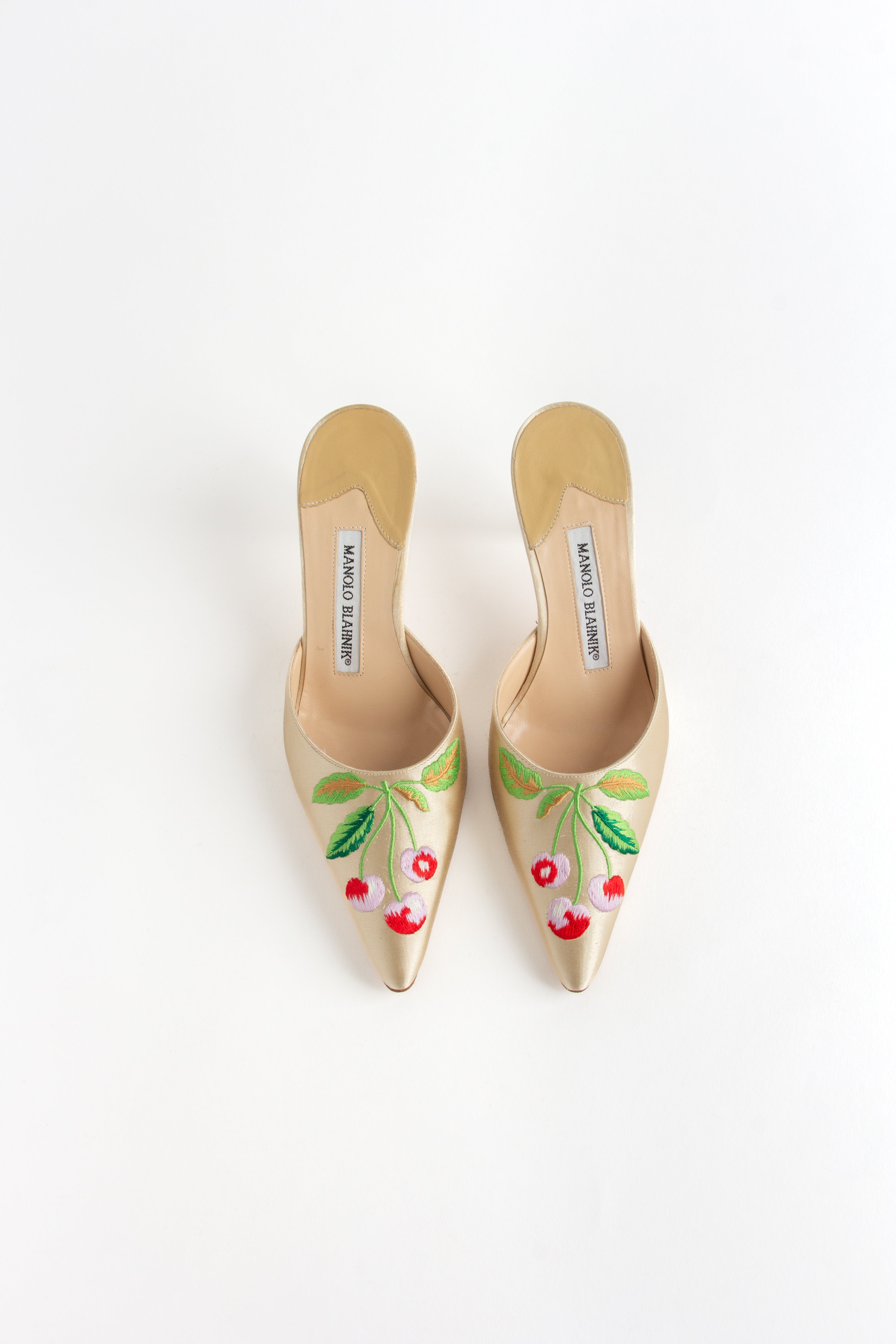 Manolo Blahnik Satin Cherry Mules (IT 35.5)
