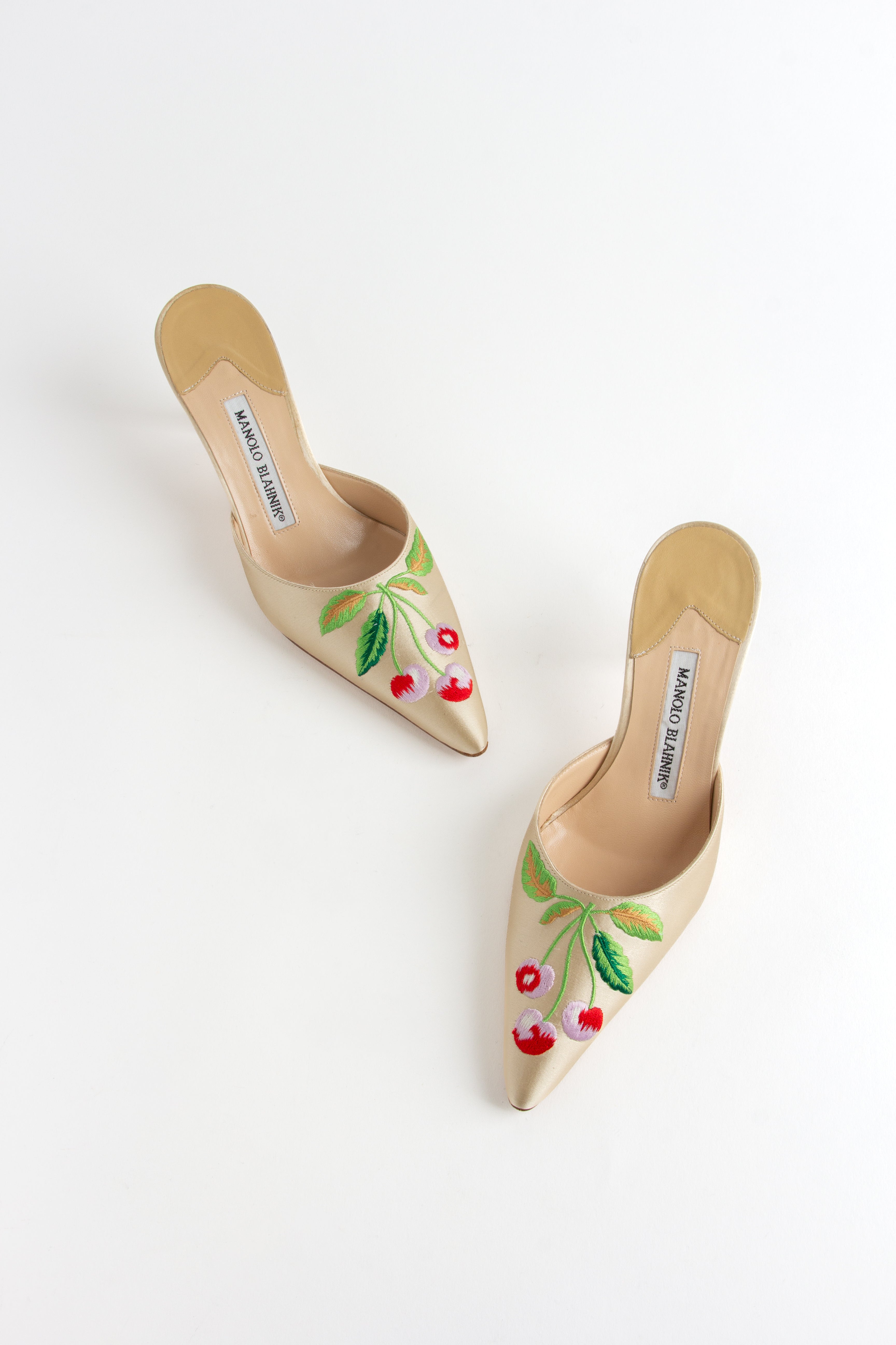 Manolo Blahnik Satin Cherry Mules (IT 35.5)