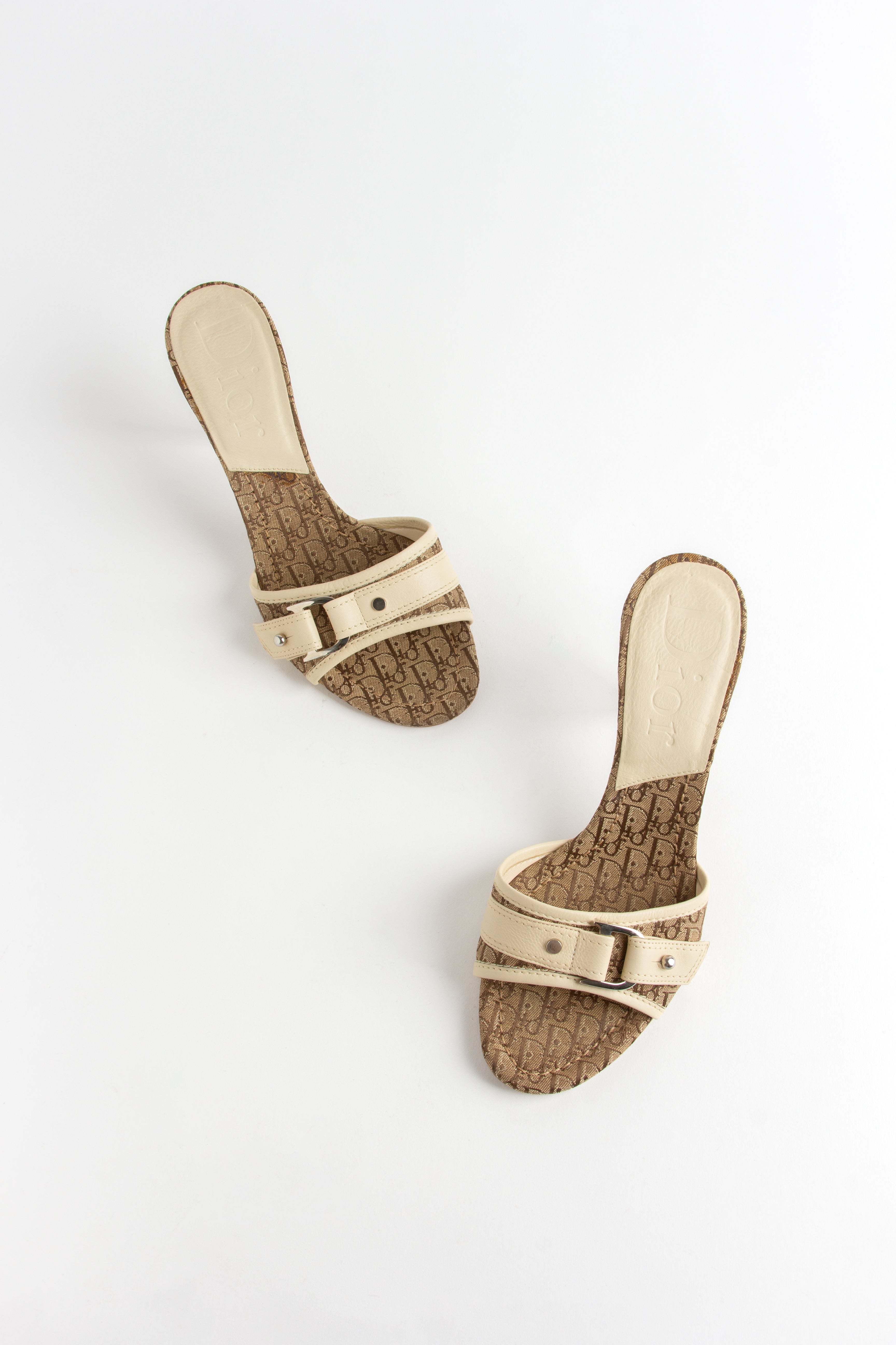 Dior Beige + Cream Trotter Monogram Buckle Heels (IT 36)