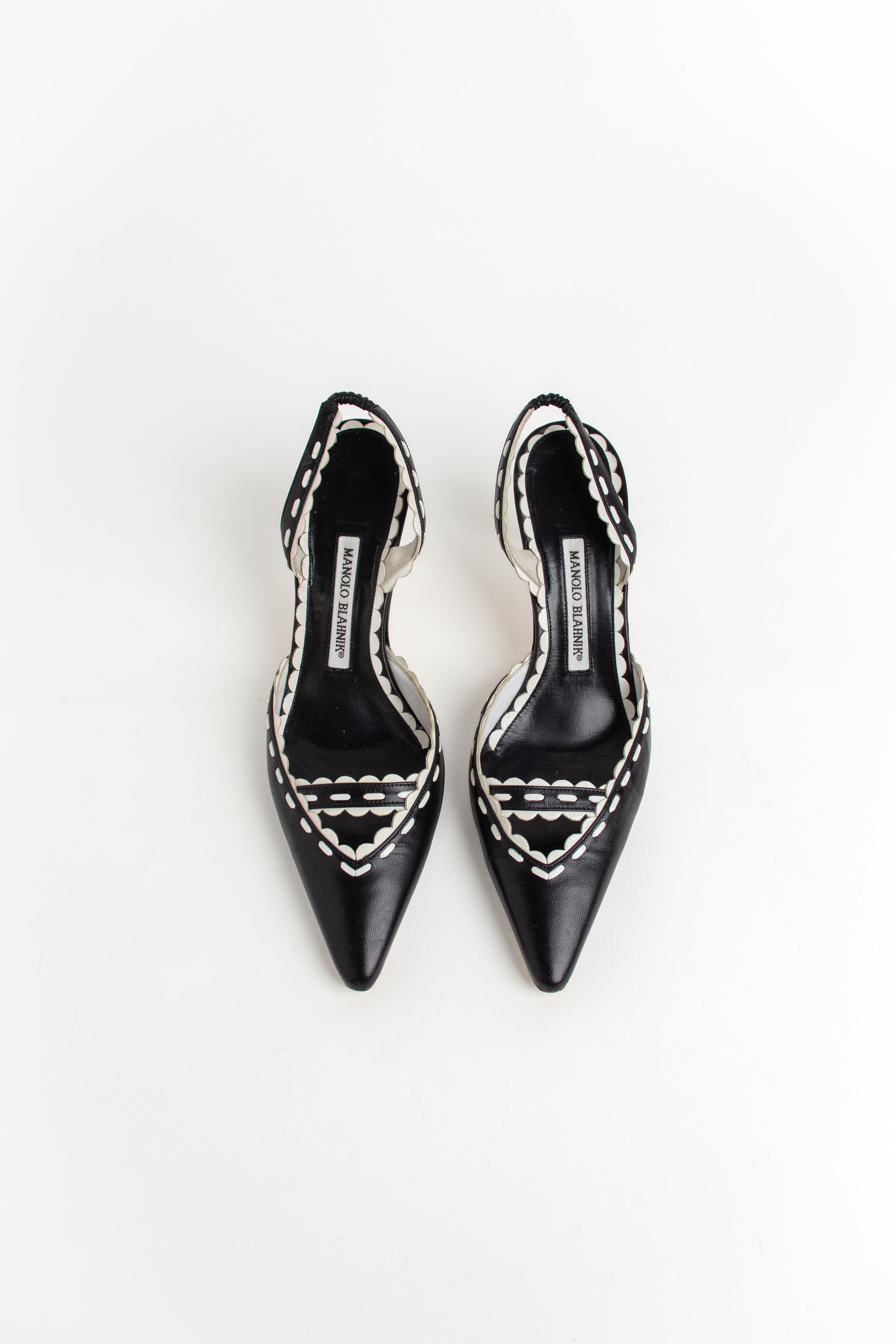 Manolo Blahnik Black and White Scallop Slingback Heels (IT 37.5)