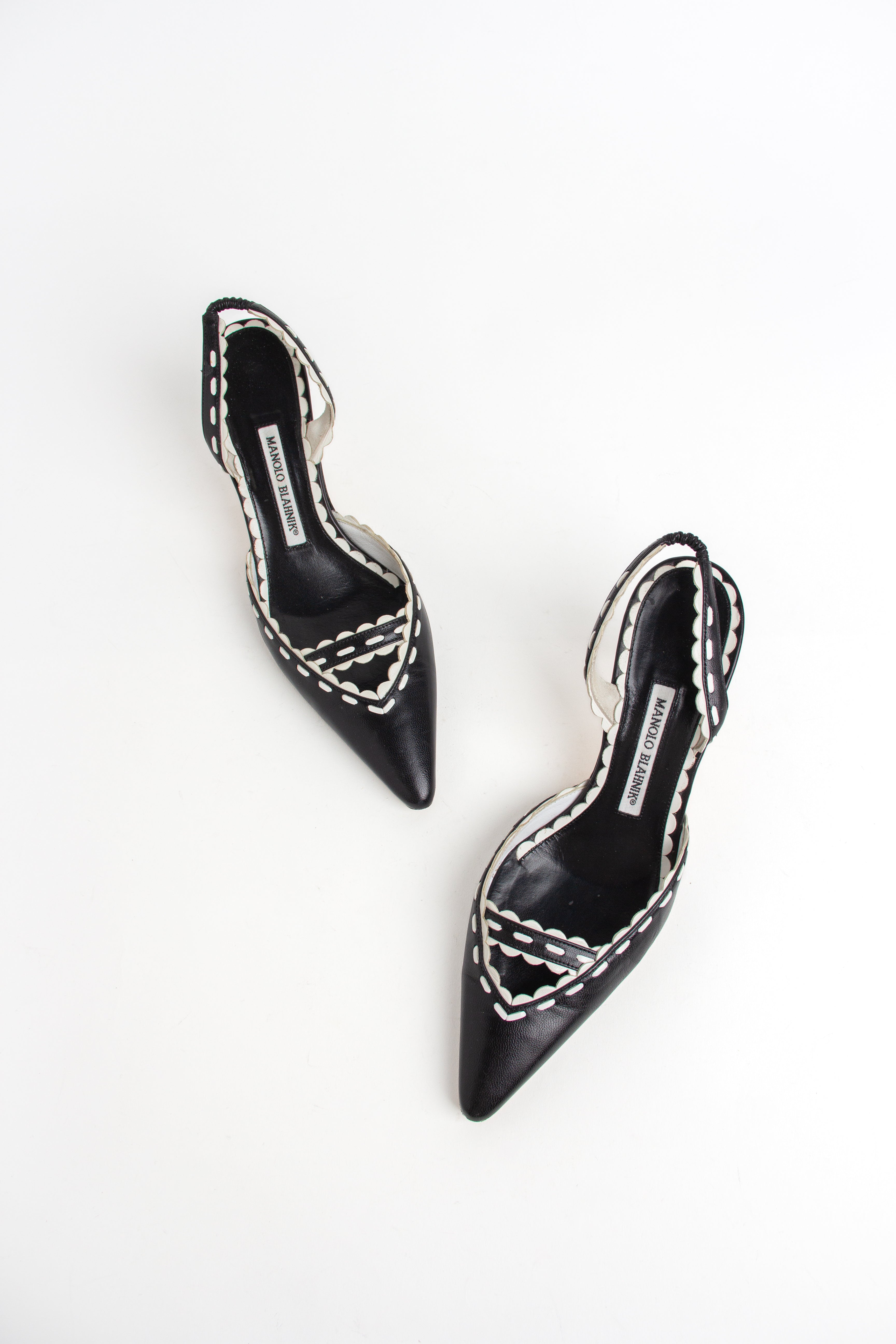 Manolo Blahnik Black and White Scallop Slingback Heels (IT 37.5)