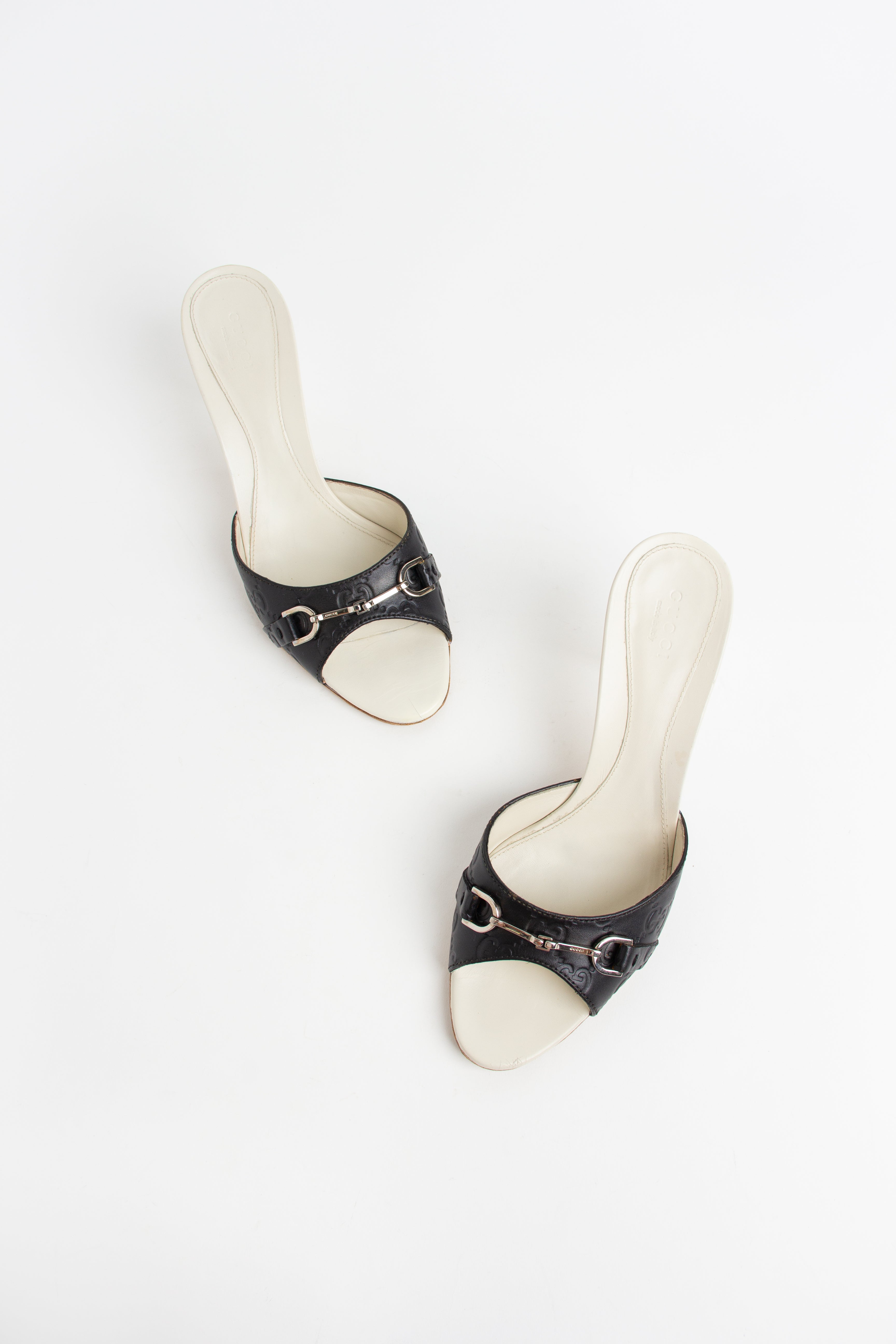 Gucci Black + Ivory Horsebit Open Toe Heels (IT 37.5)