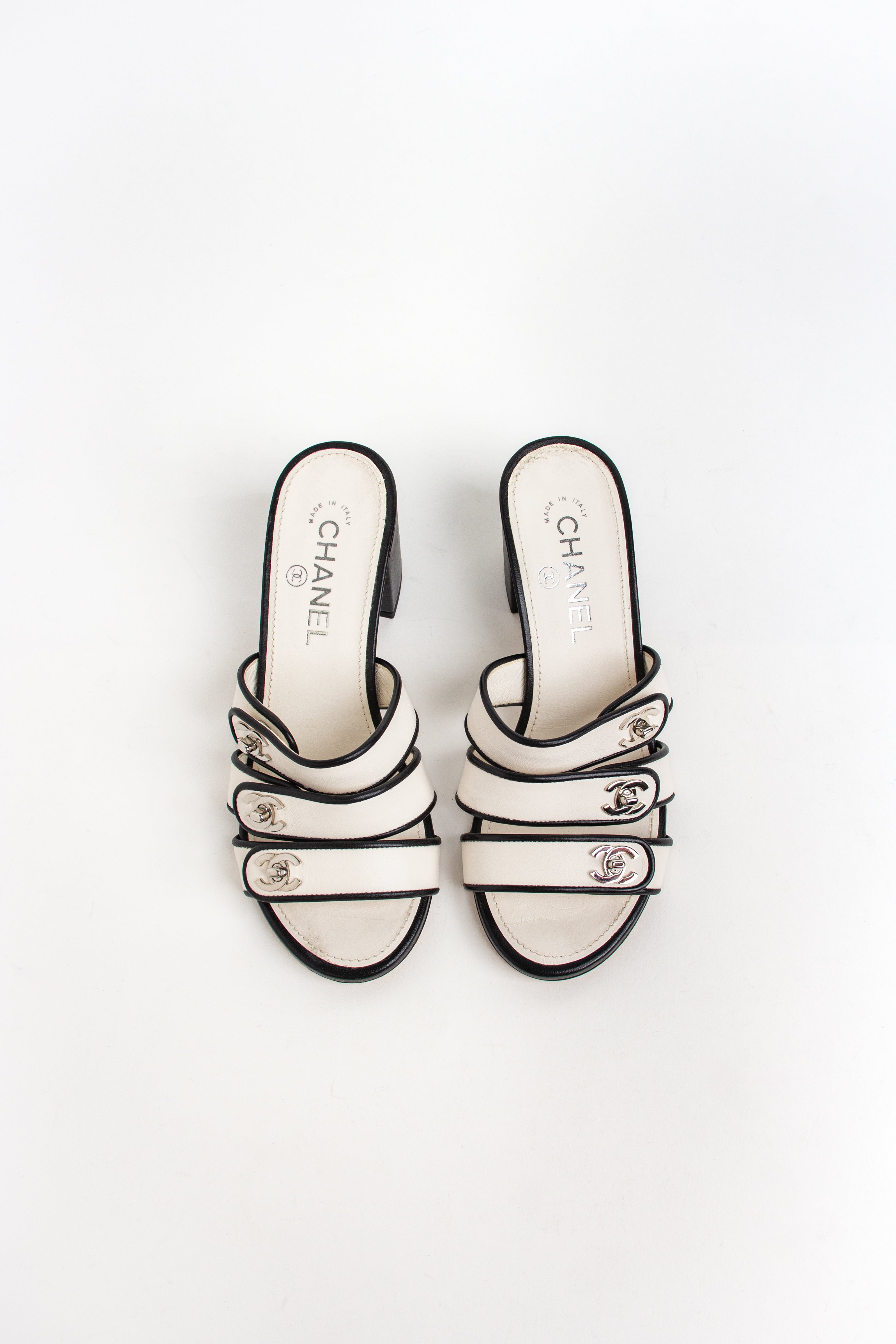 Chanel Ivory + Black CC Strappy Sandals (IT 37)