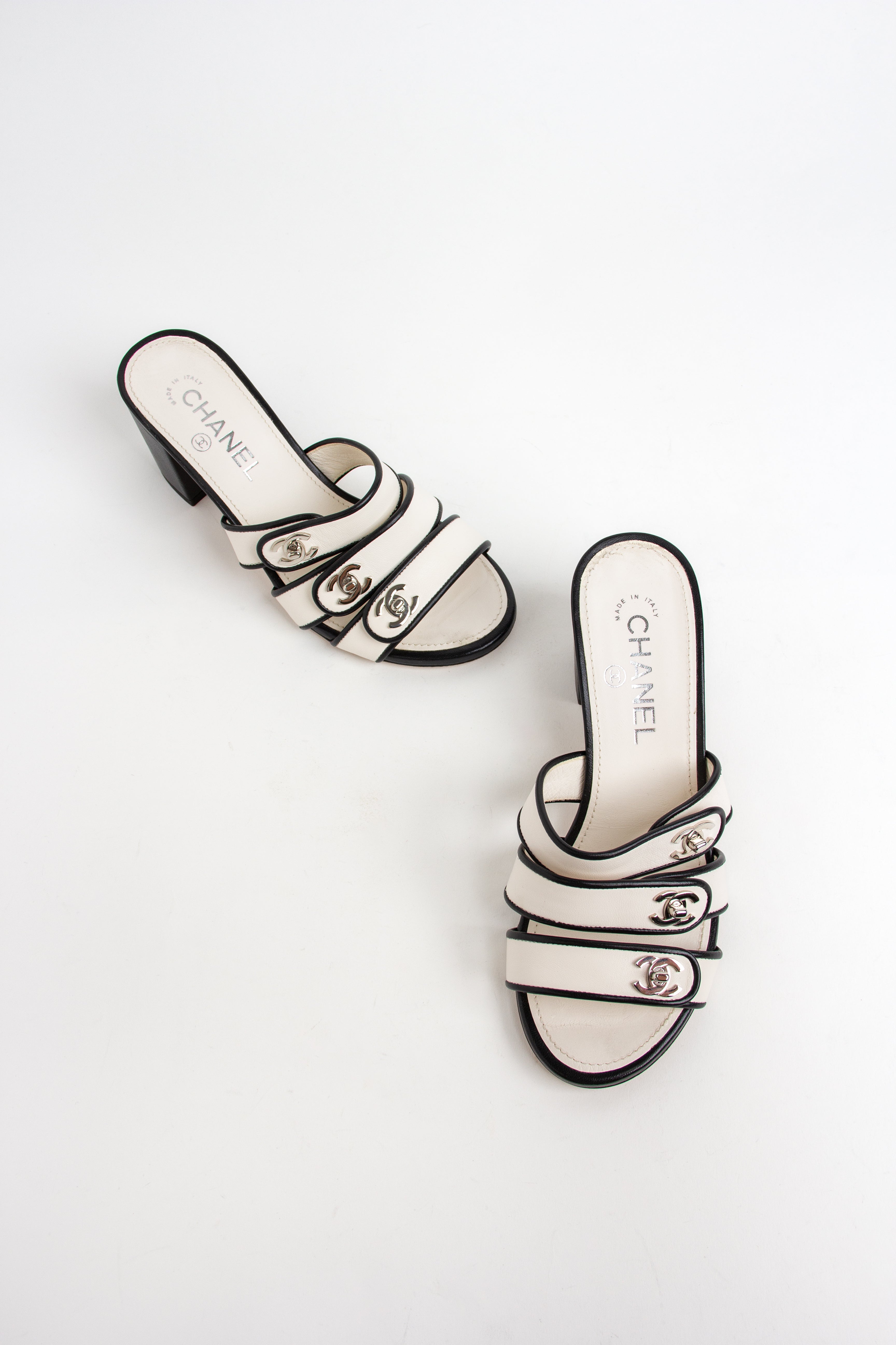Chanel Ivory + Black CC Strappy Sandals (IT 37)