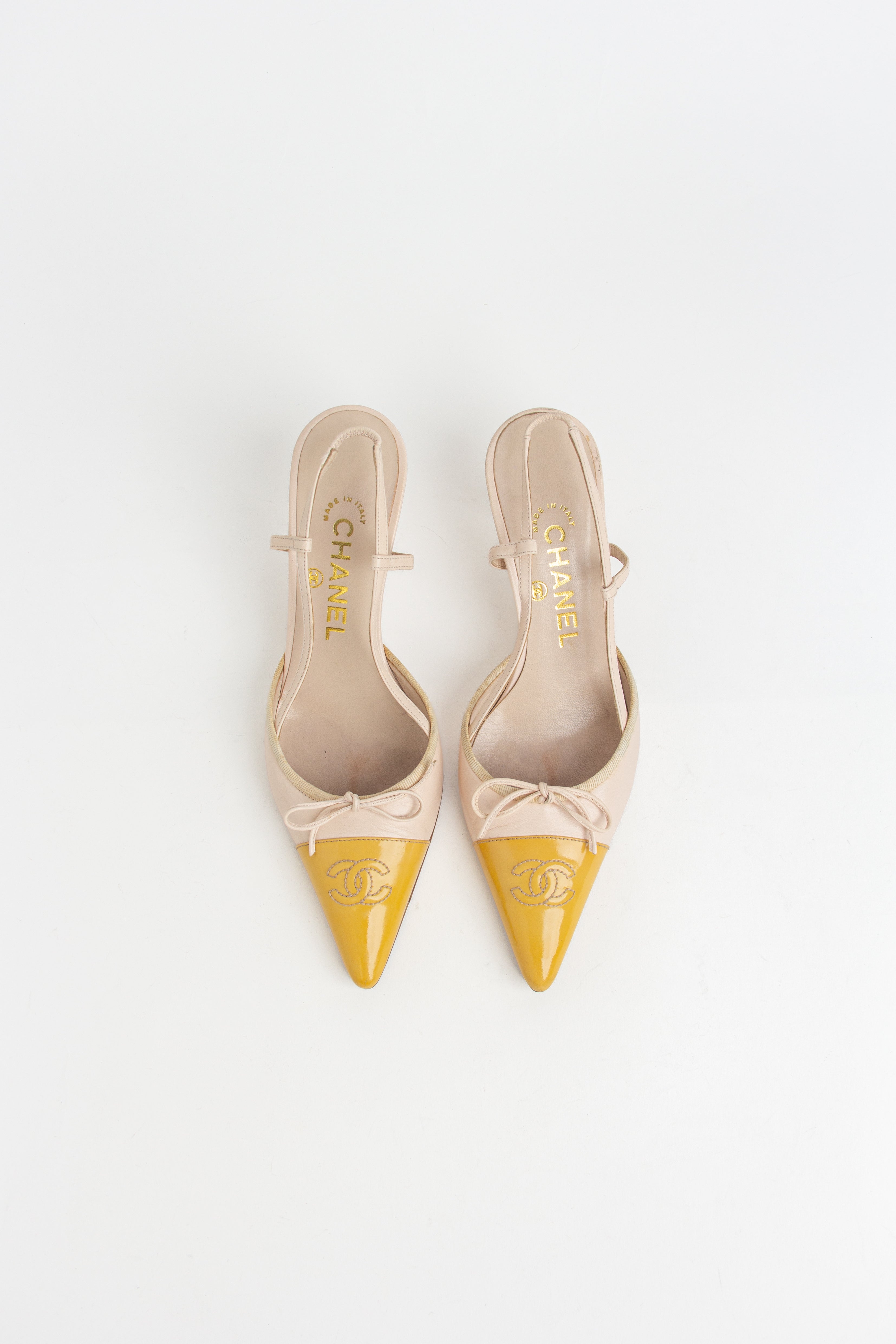 Chanel Pale Pink + Yellow CC Bow Slingback Heels (IT 36.5)