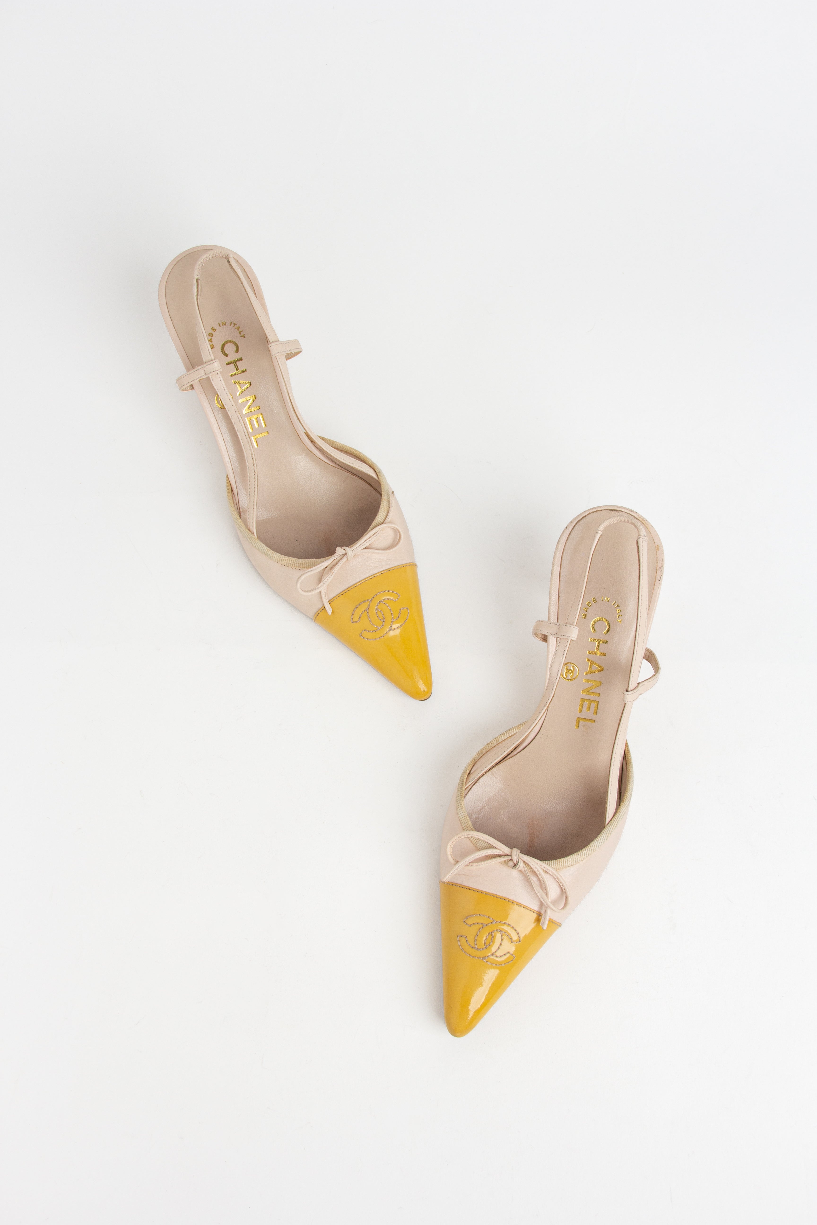 Chanel Pale Pink + Yellow CC Bow Slingback Heels (IT 36.5)