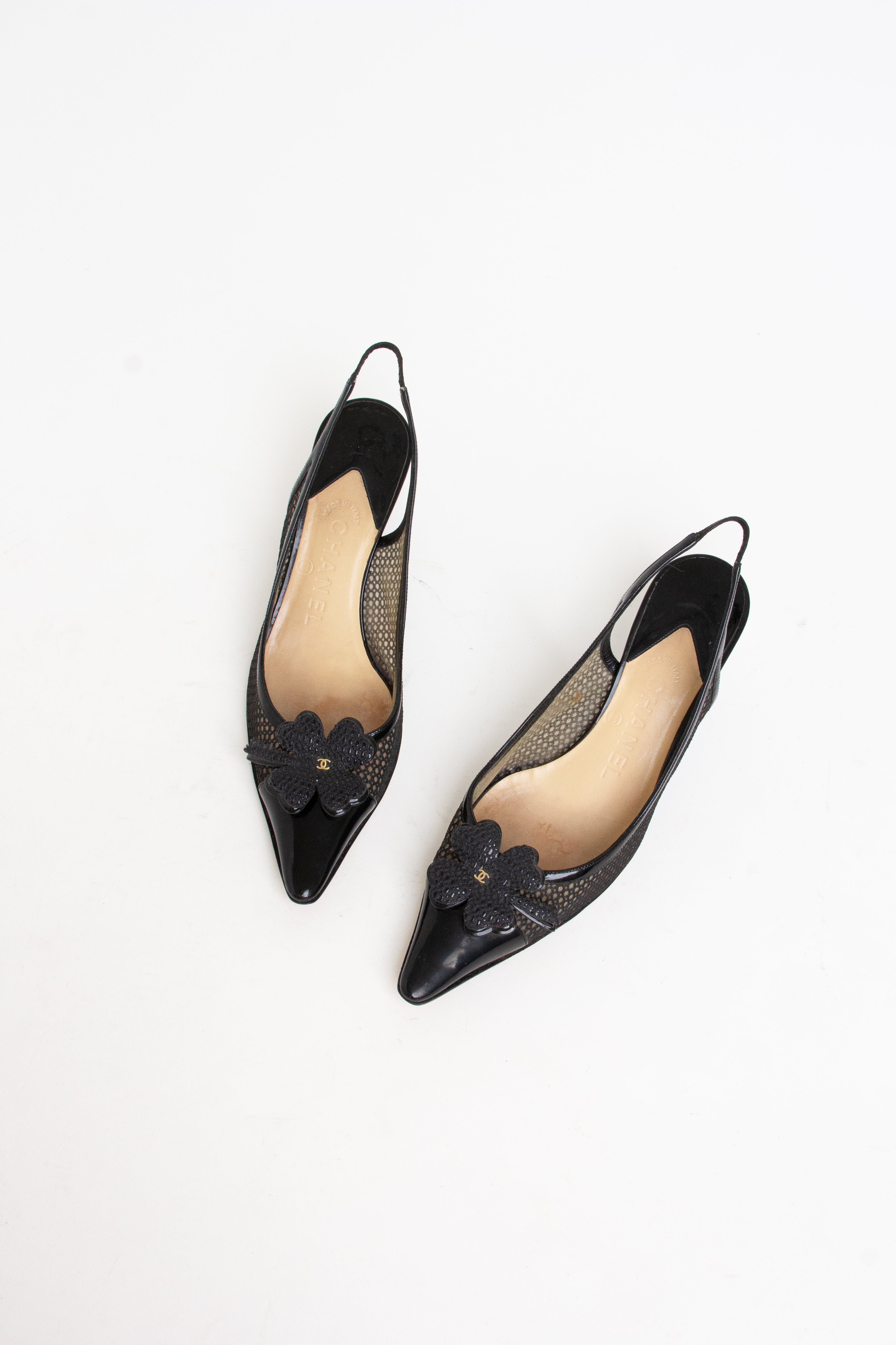 Chanel Black Mesh Clover Slingback Heels (IT 37.5)