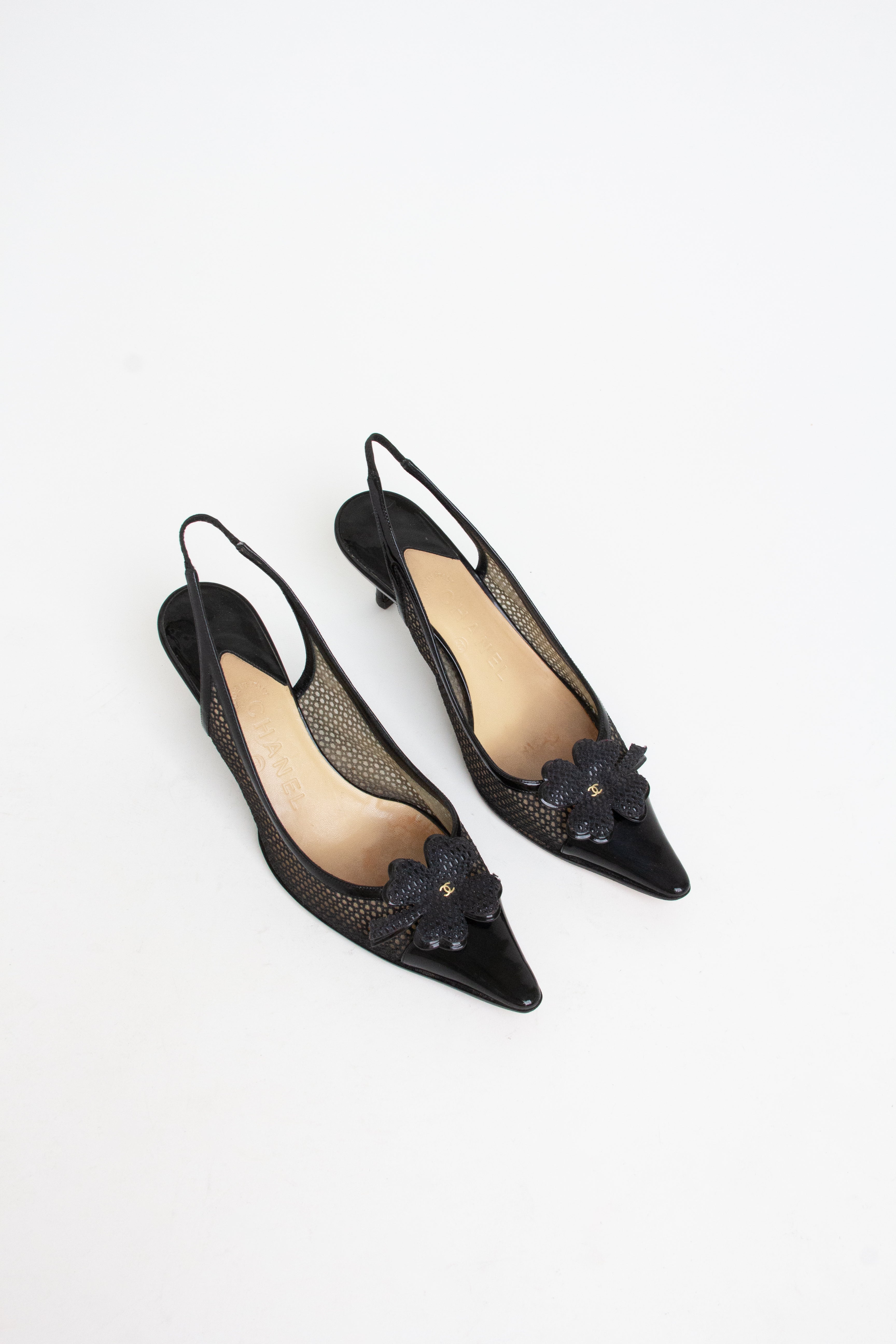 Chanel Black Mesh Clover Slingback Heels (IT 37.5)