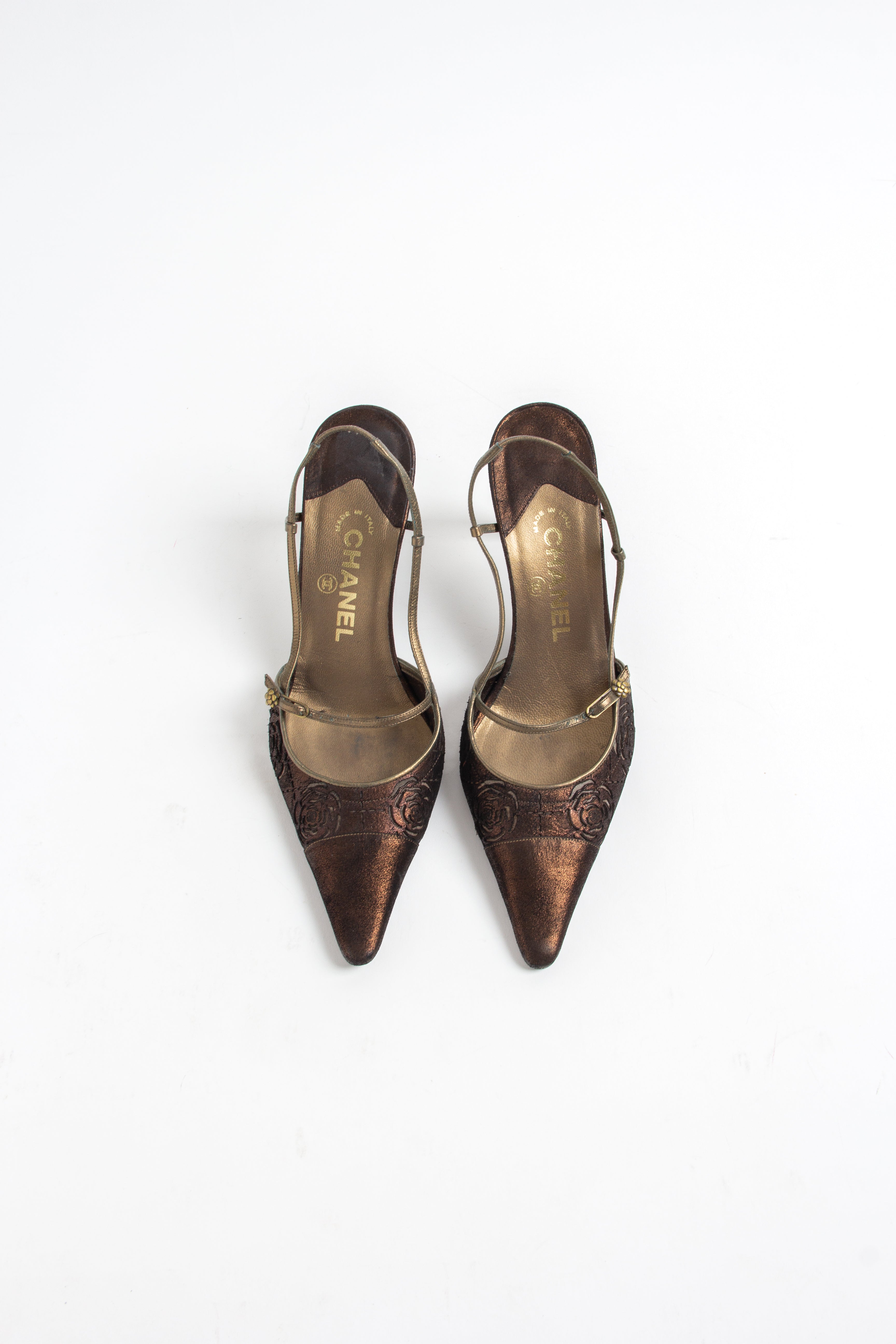 Chanel Bronze Camellia Slingback Heels (IT 38)