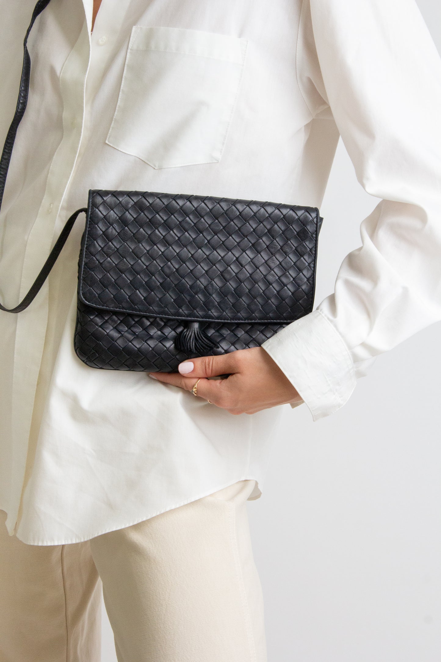 Bottega Veneta Intrecciato Leather Double Flap Bag Black